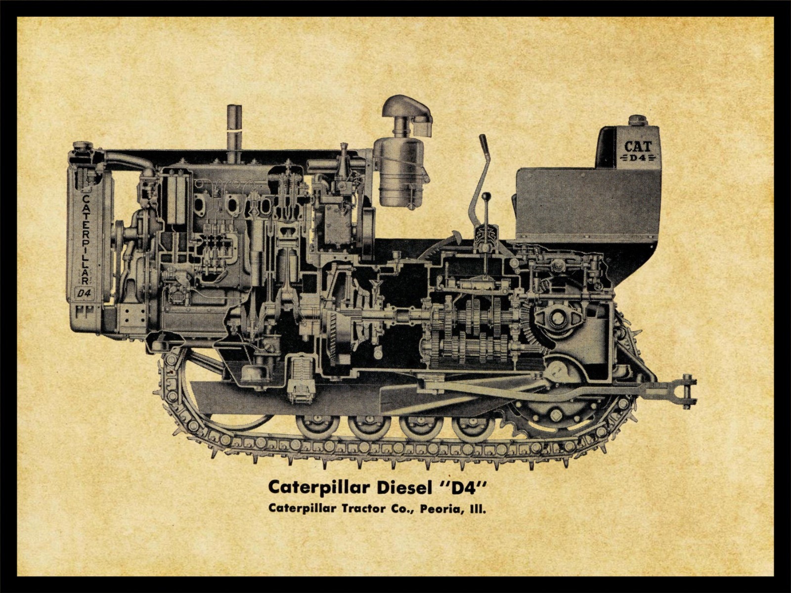 CAT D4 Tractor- Side Cutaway View NEW METAL SIGN: 12×16″ Free Ship.