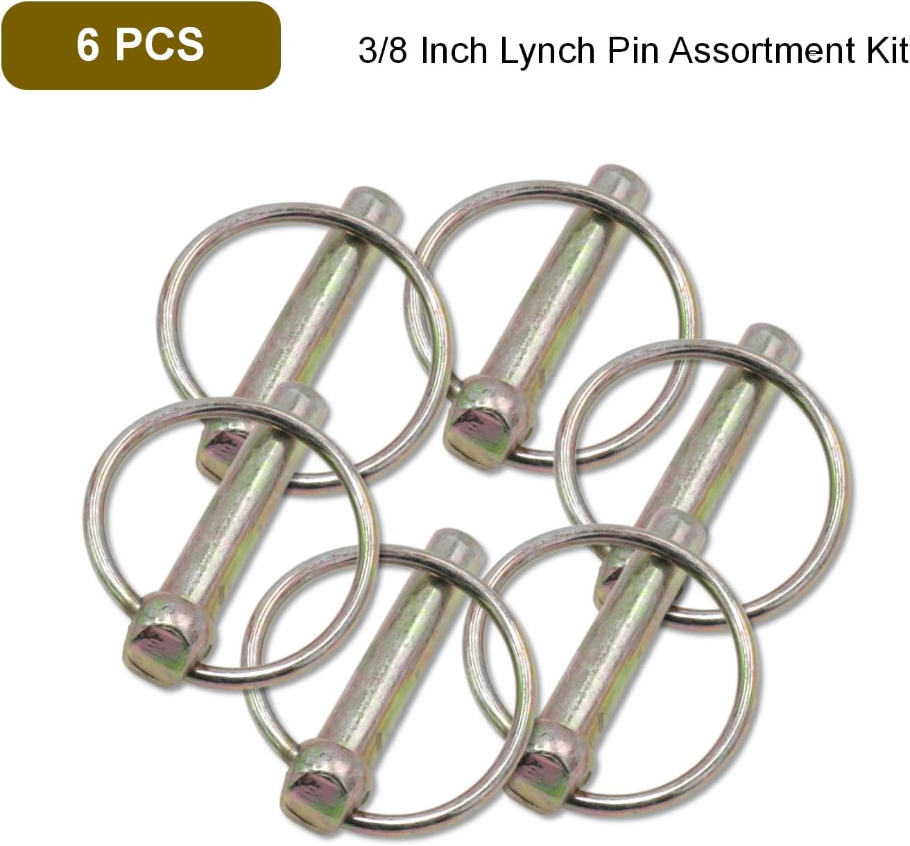 3/8 Inch Lynch Pin Assortment Kit, 6Pcs Heavy Duty round Linch Pins with Ring