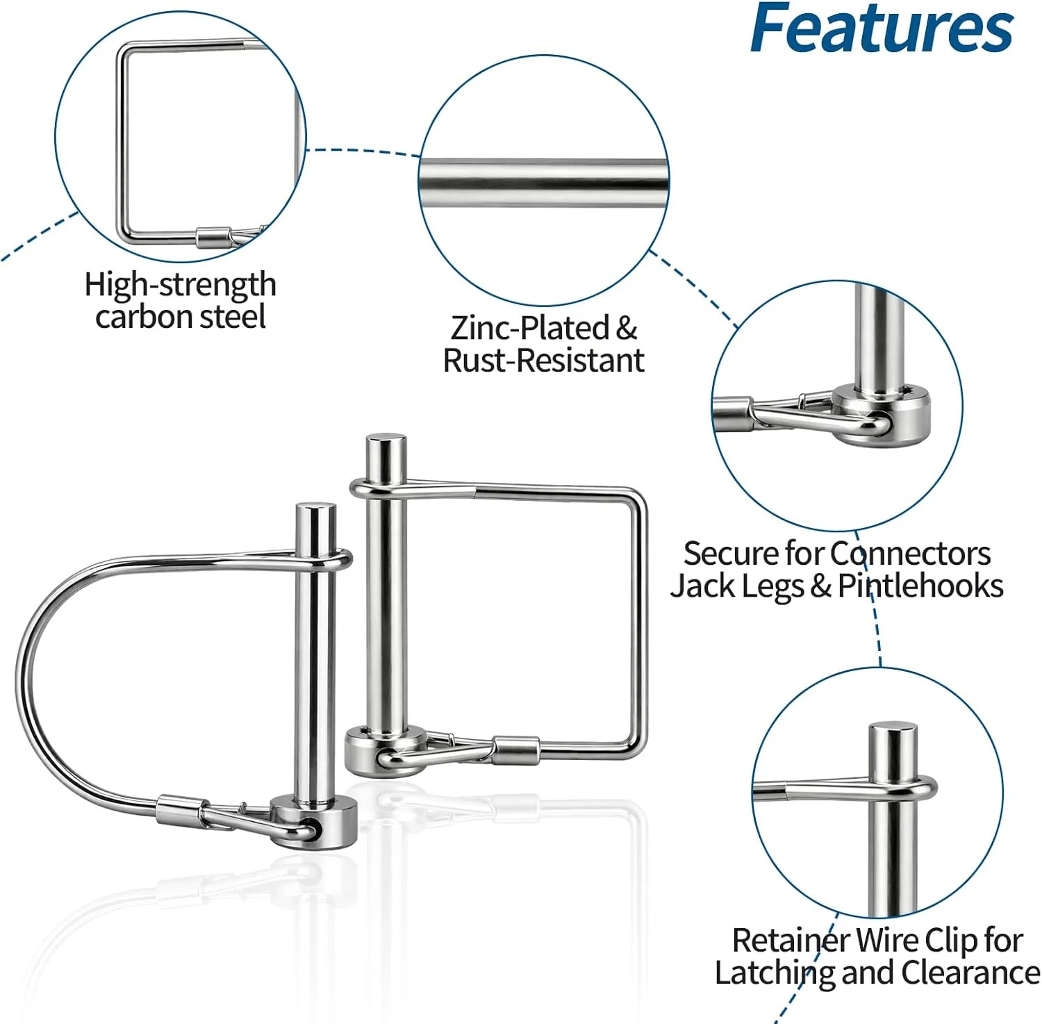 8 Pack Trailer Coupler Pin – Heavy Duty 1/4″ Carbon Steel Lock Pins with Square