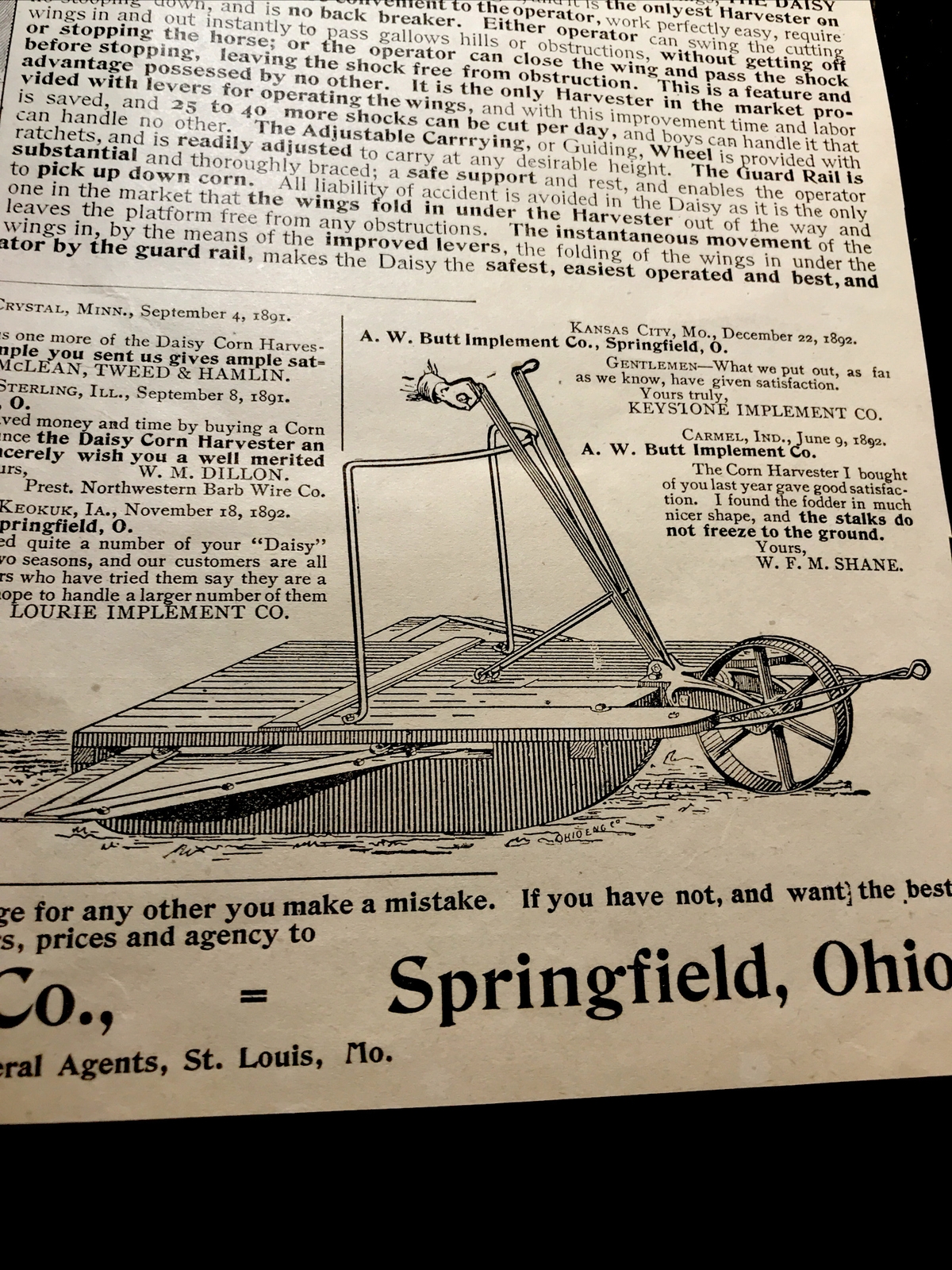 1893 Butt Daisy Corn Harvester Farm Engraving Advertising – Springfield – Ohio