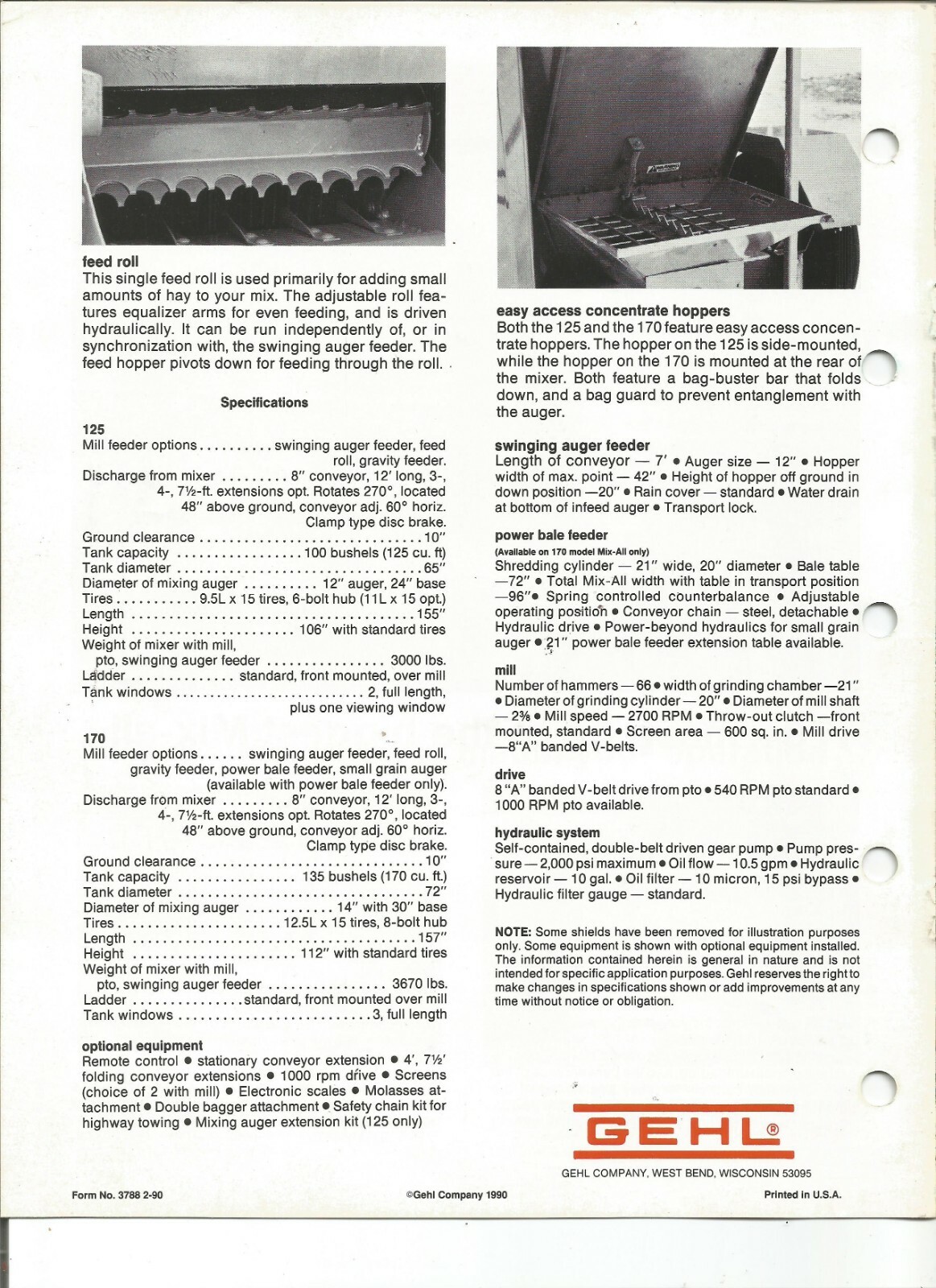 Original OEM OE Gehl Models 125 170 Mix-All Sales Brochure Form 3788 Dated 02/90