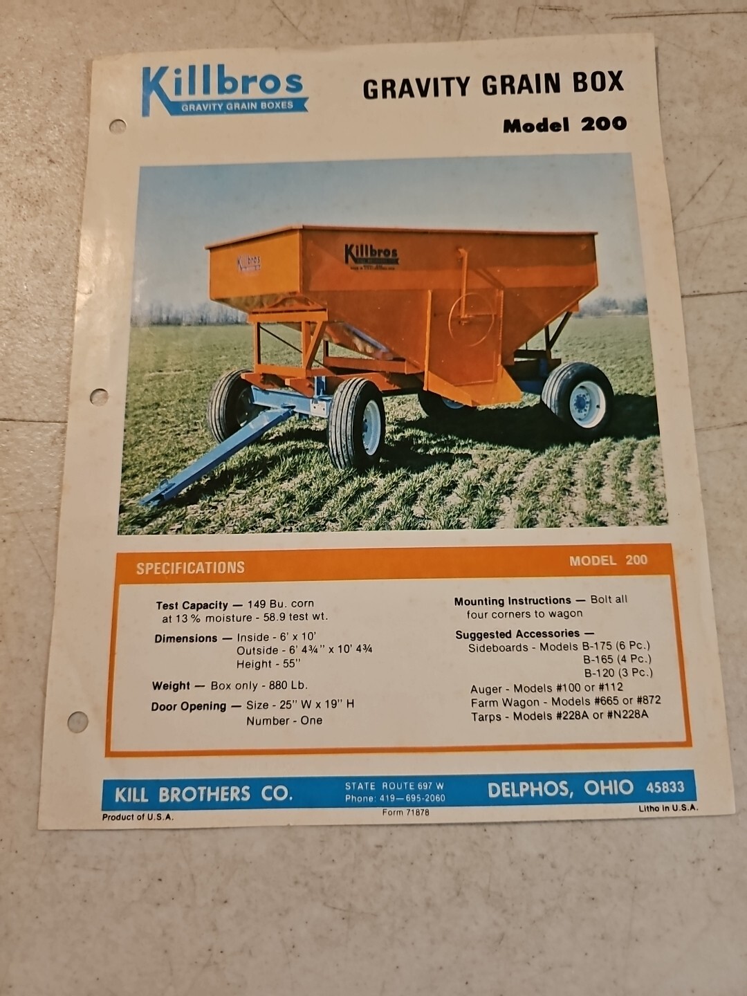Original Killbros Model 200 Gravity Grain Box Sales Brochure Spec Sheet # 71878