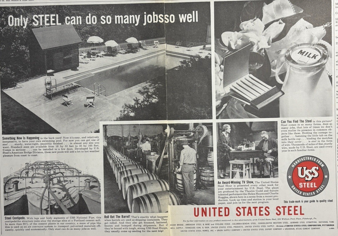 1954 United States Steel So Many Jobs Centipede Barrel Pool Vintage Print Ad