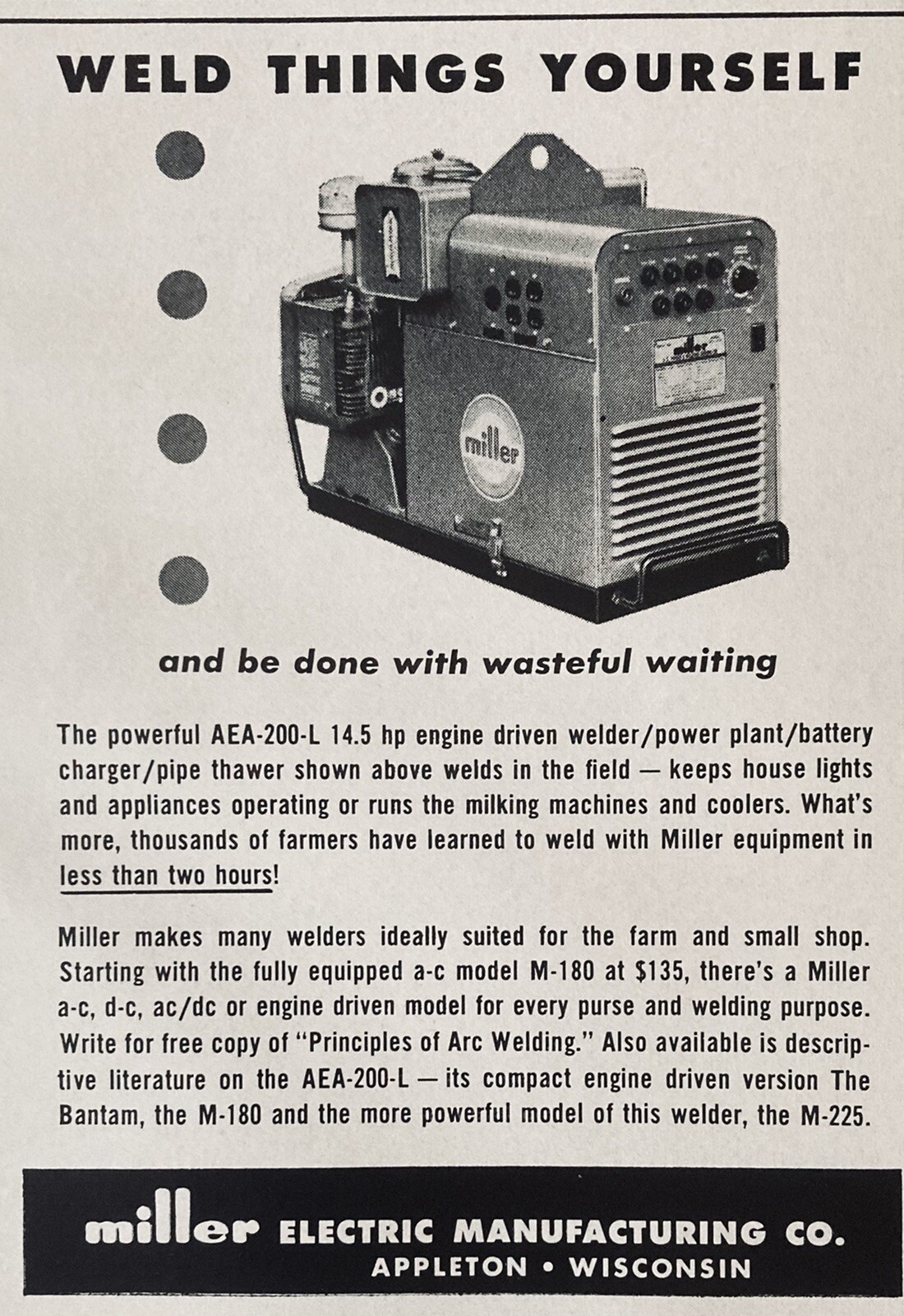 1962 AD.(XH20)~MILLER ELECTRIC MFG. CO. APPLETON, WIS. WELDER, POWER PLANT