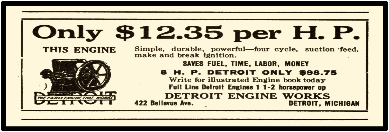 Detroit Engine Works Gas Engine Sign, 12″ x 36″ USA STEEL XL Size – 4 POUNDS