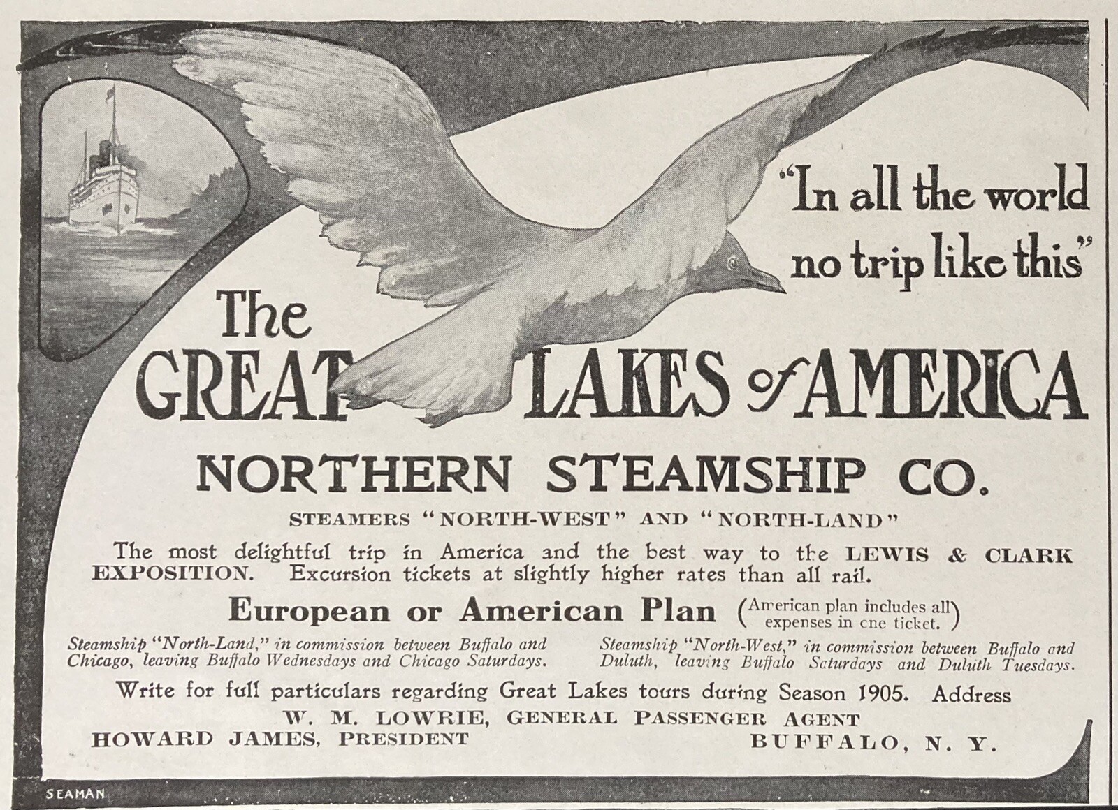 1905 AD.(XH68)~NORTHERN STEAMSHIP CO. GREAT LAKES OF AMERICA STEAMERS