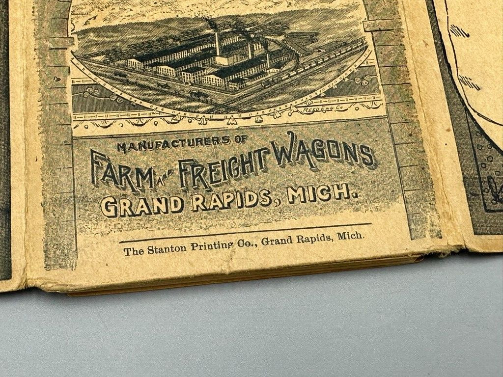 1892 HARRISON WAGON WORKS Machinery FARM Pocket Ledger GRAND RAPIDS MI Advertise