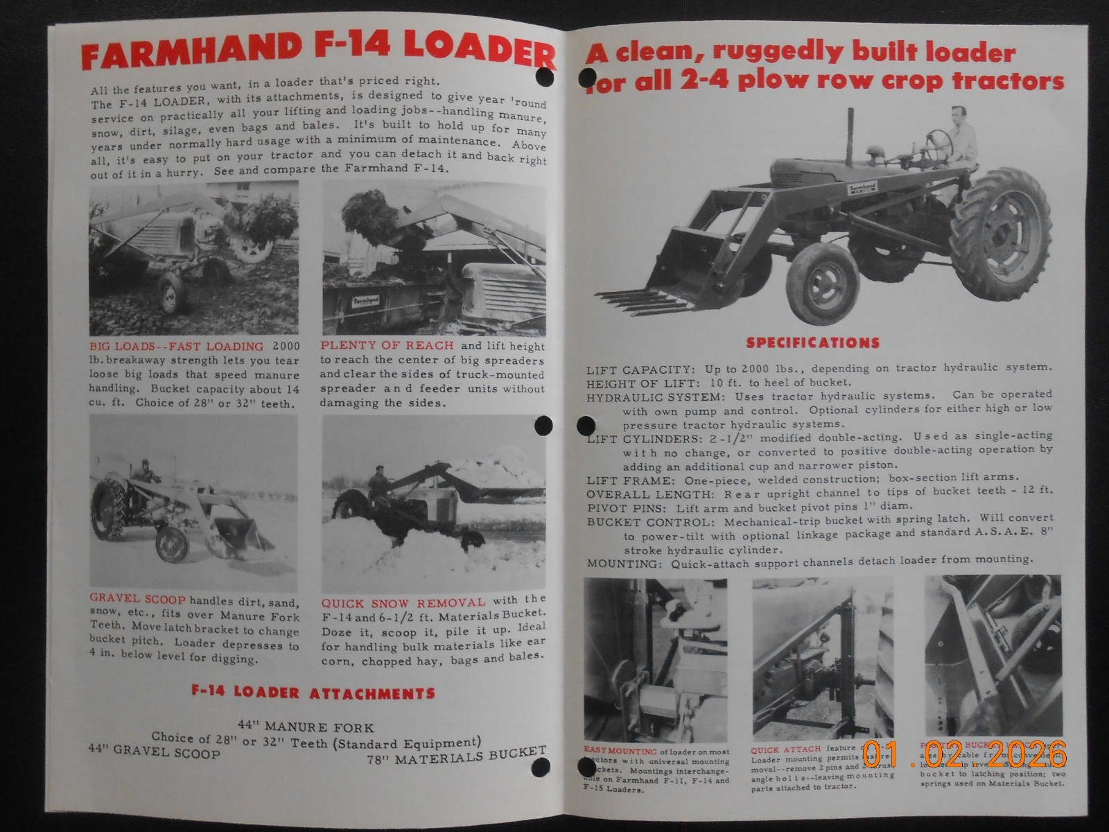 1963 Farmhand Company Loaders F11 F14 F15 Brochure 8 pgs Hopkins MN Winnipeg MB