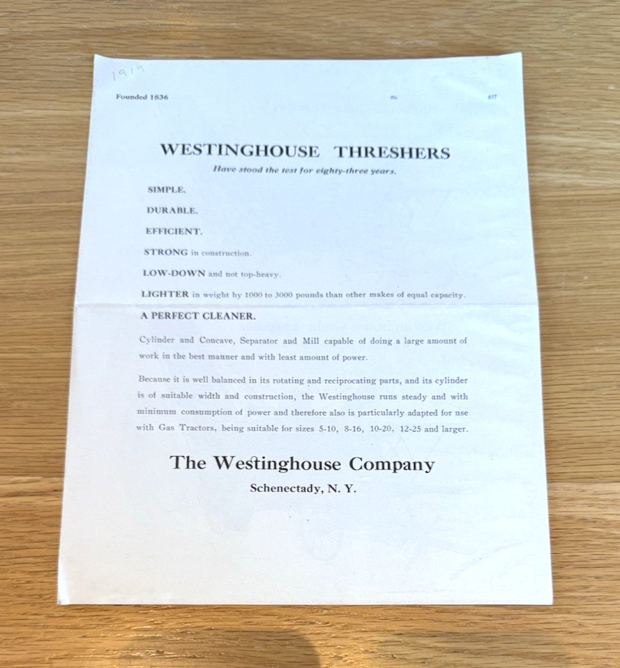 Original 1919 Westinghouse Grain Thresher Advertising Brochure- Agricultural