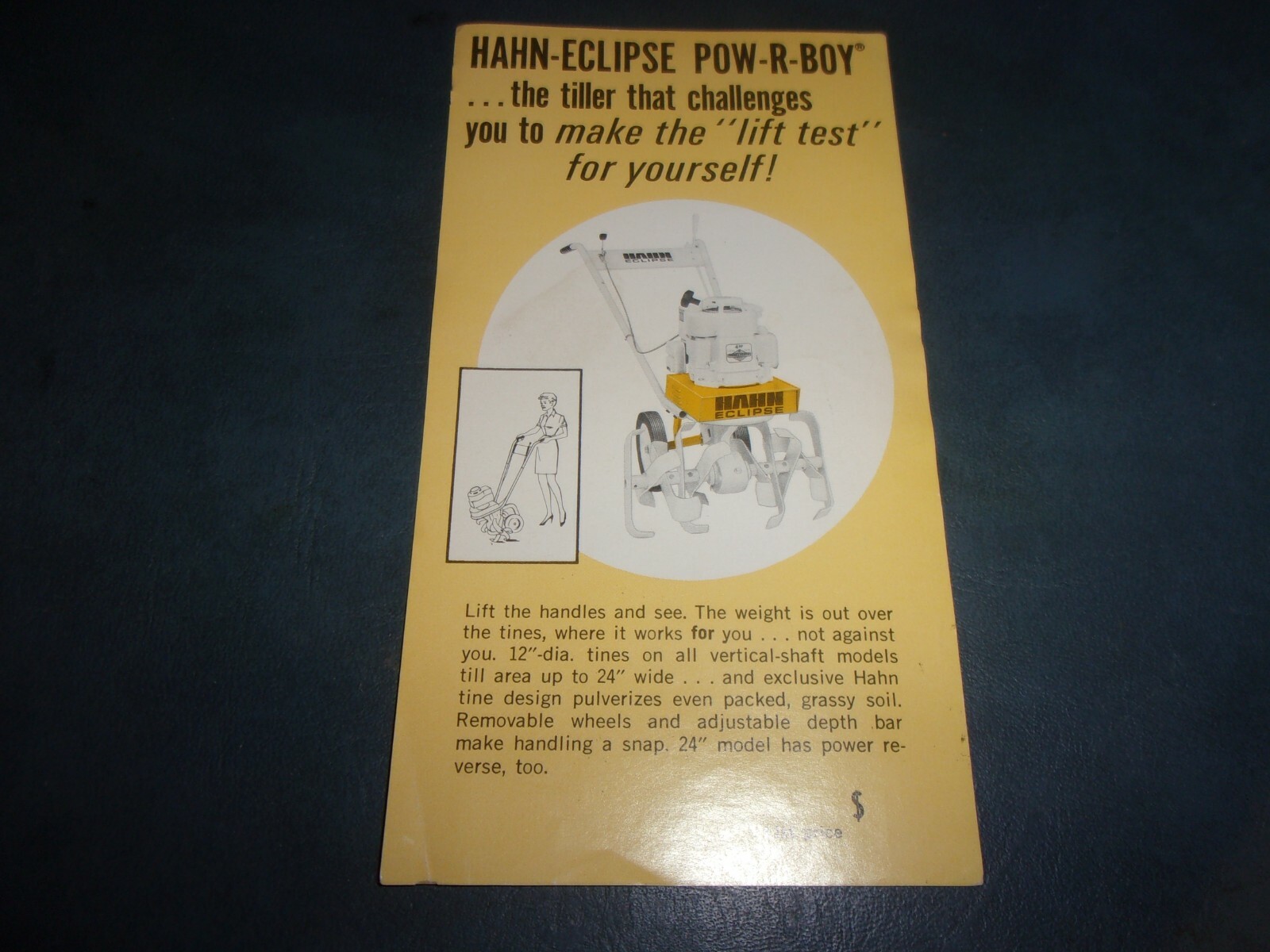HAHN-ECLISPE POW-R-BOY TILLER SQUARE FRONT BROCHURE *** VINTAGE ORIGINAL