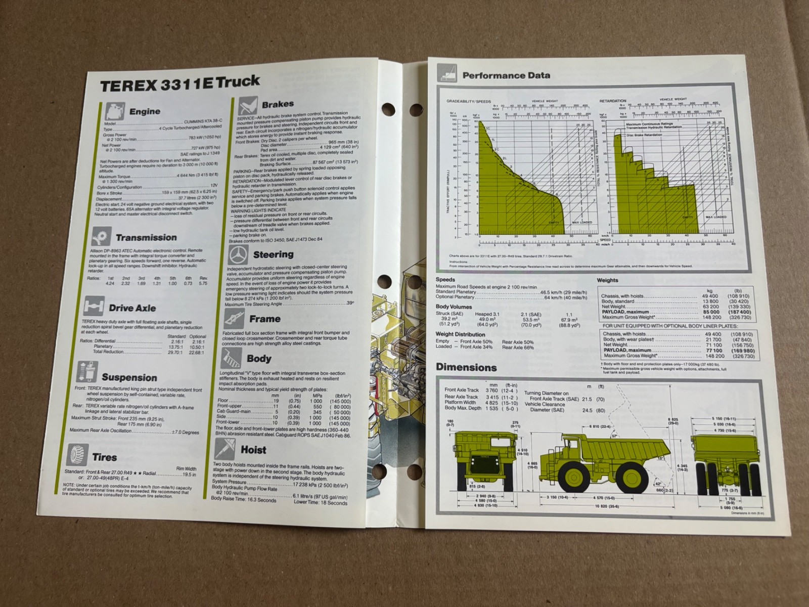 Vintage Terex 3311E Dump Truck Specifications Sales Brochure