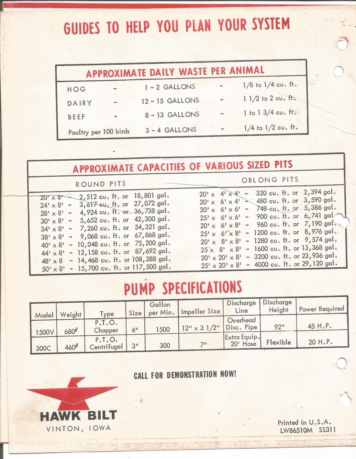 Original OE OEM Hawk Bilt Liquid Manure System Sales Brochure # LW86510M SS311