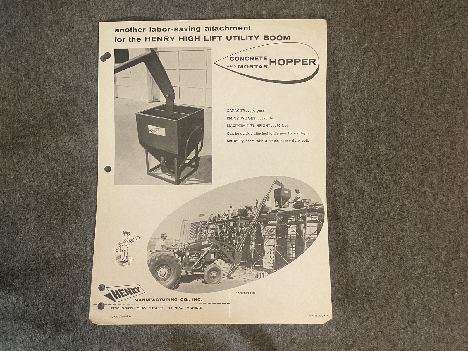 1950’s Henry High Lift Utility Boom Concrete & Mortar Hopper Brochure