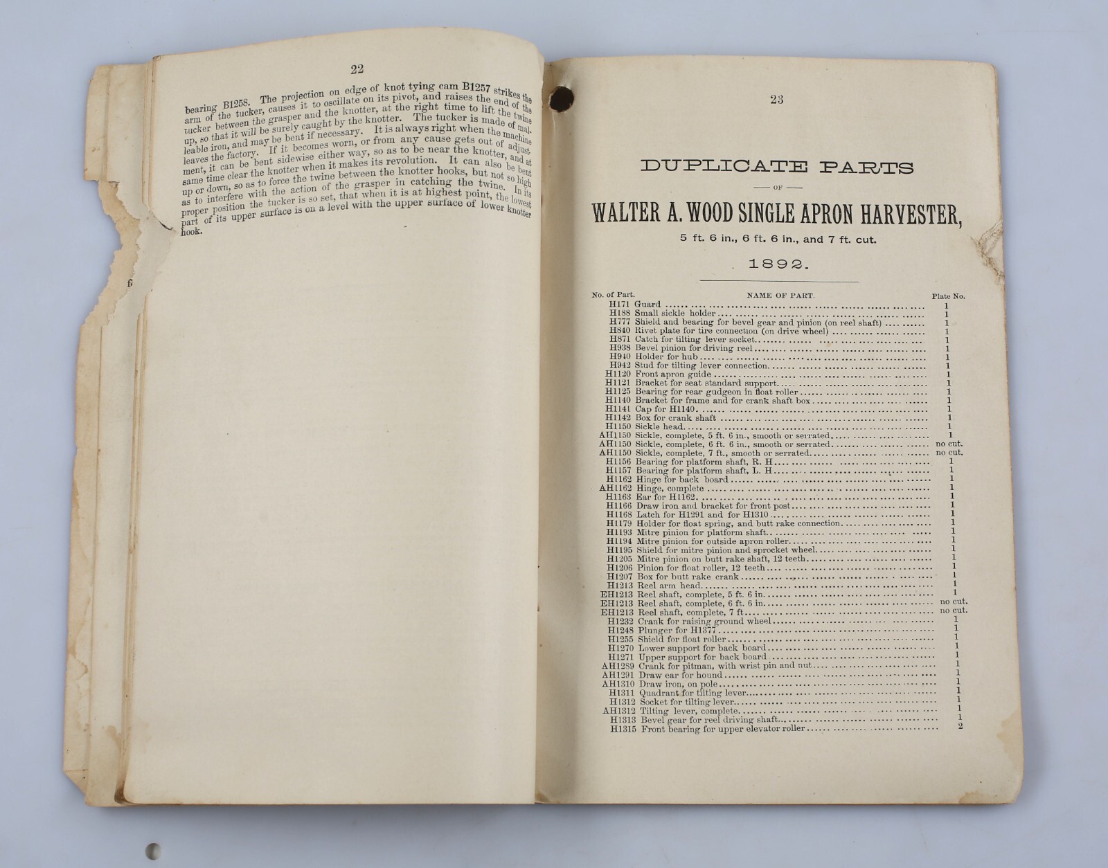 1892 Walter A. Wood Single Apron Binding Harvester Directions Manual Parts List
