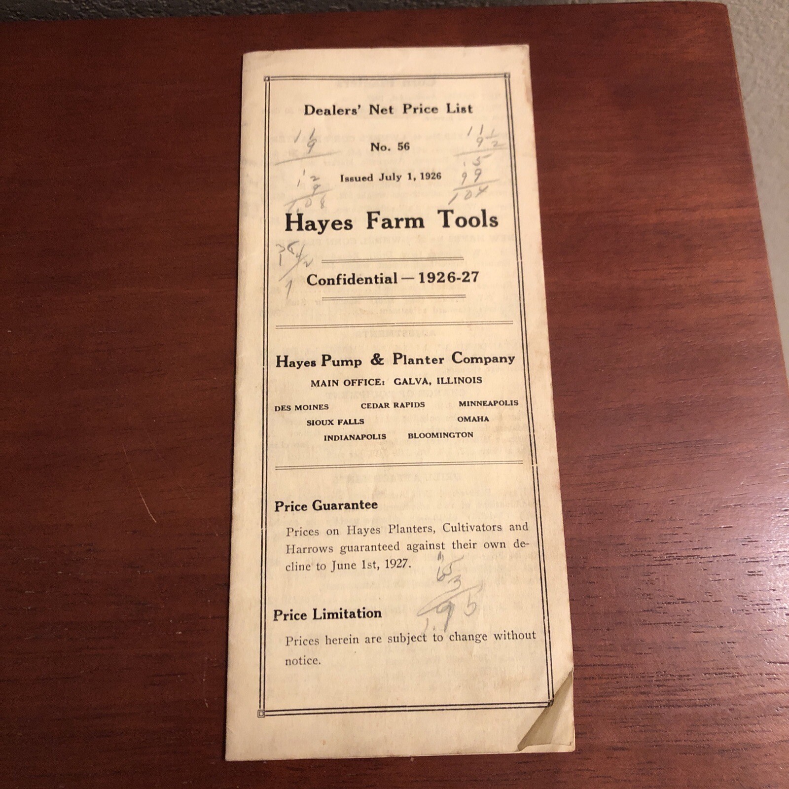 1926 HAYES FARMS TOOLS Dealer’s Price List No 56 ~ Pump ~ Galva, IL ~ AUTHENTIC!