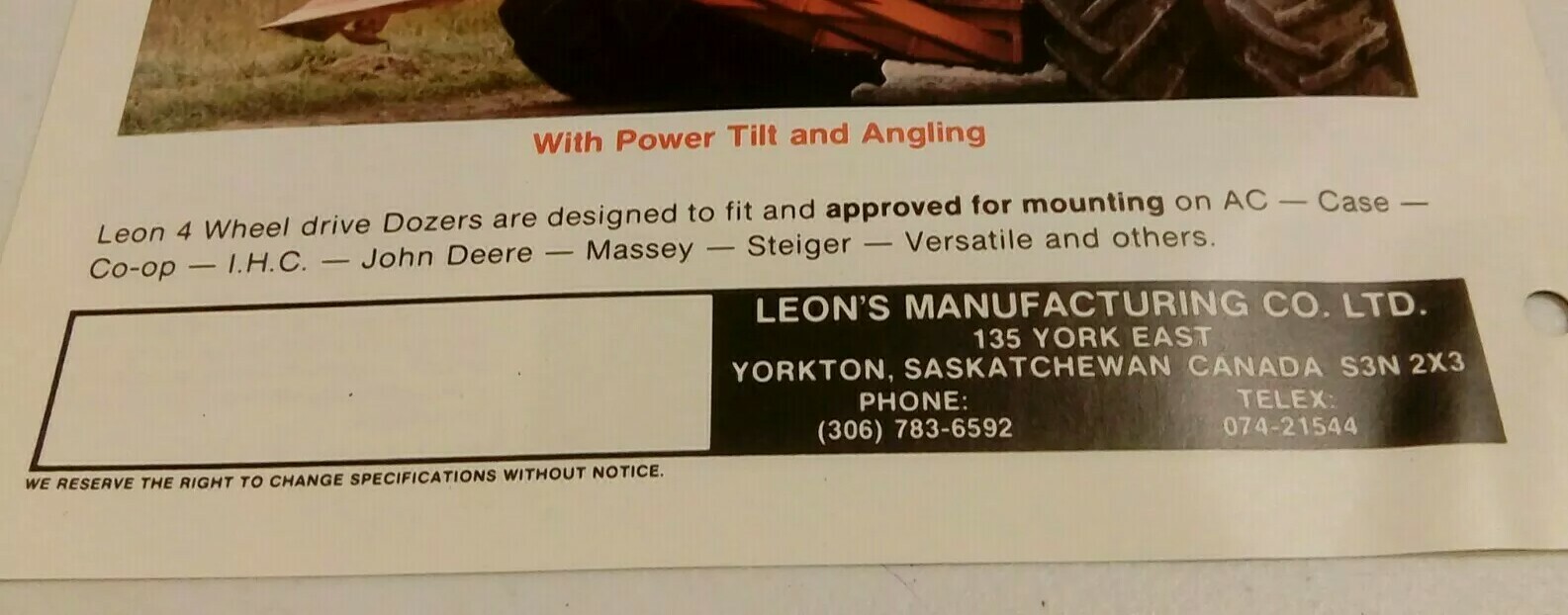 1974 LEON FOUR WHEEL DRIVE DOZER BLADES POWER TILT FARM TRACTOR SALES BROCHURE