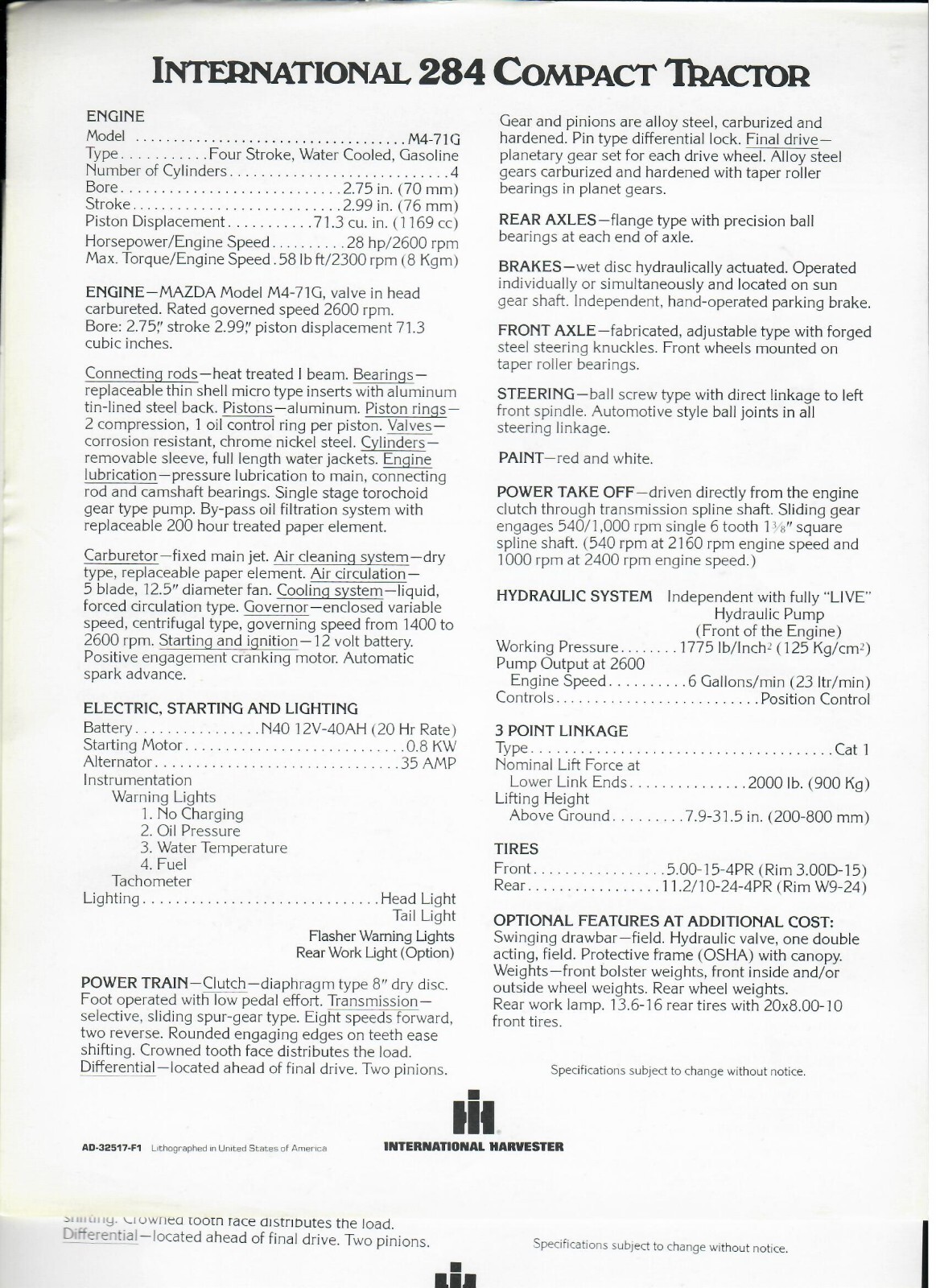 2- INTERNATIONAL 284 COMPACT TRACTOR SPEC. SHEETS AD-32517-F1