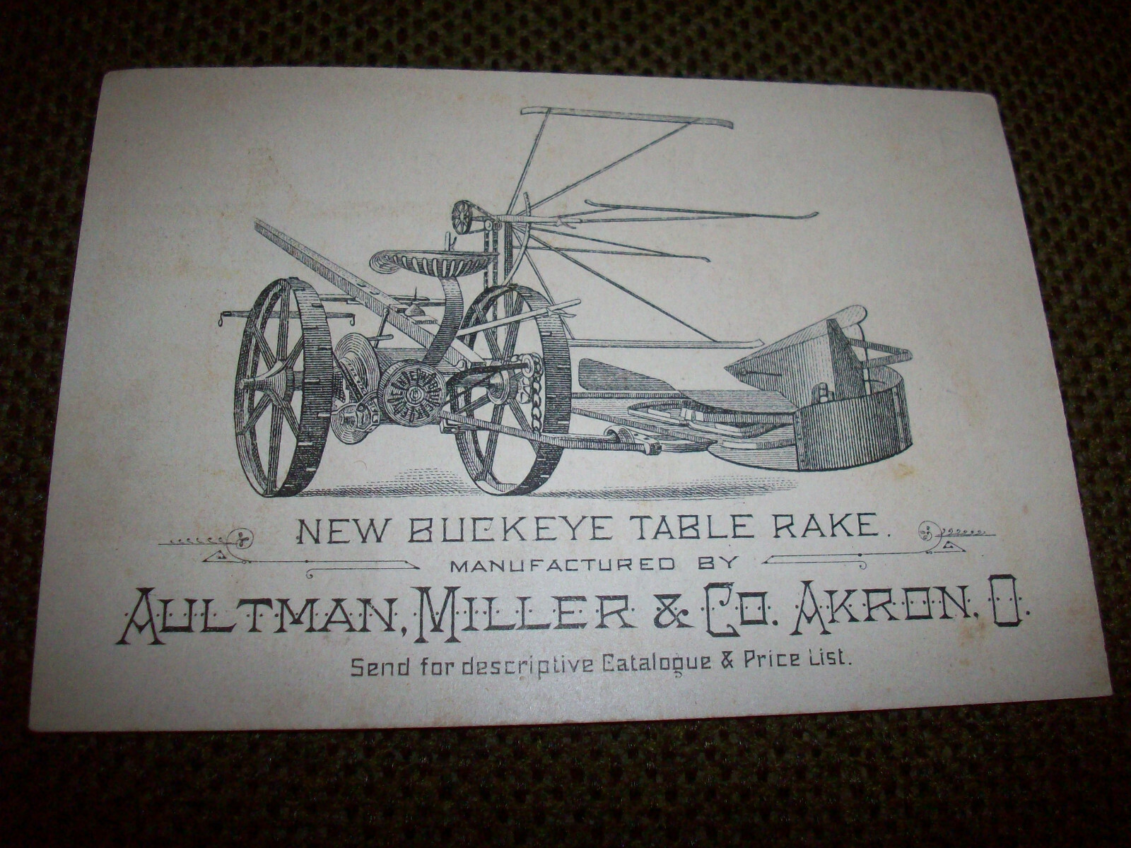 1890’s Aultman Miller & Co Advertising Trade Card For Buckeye Table Rake