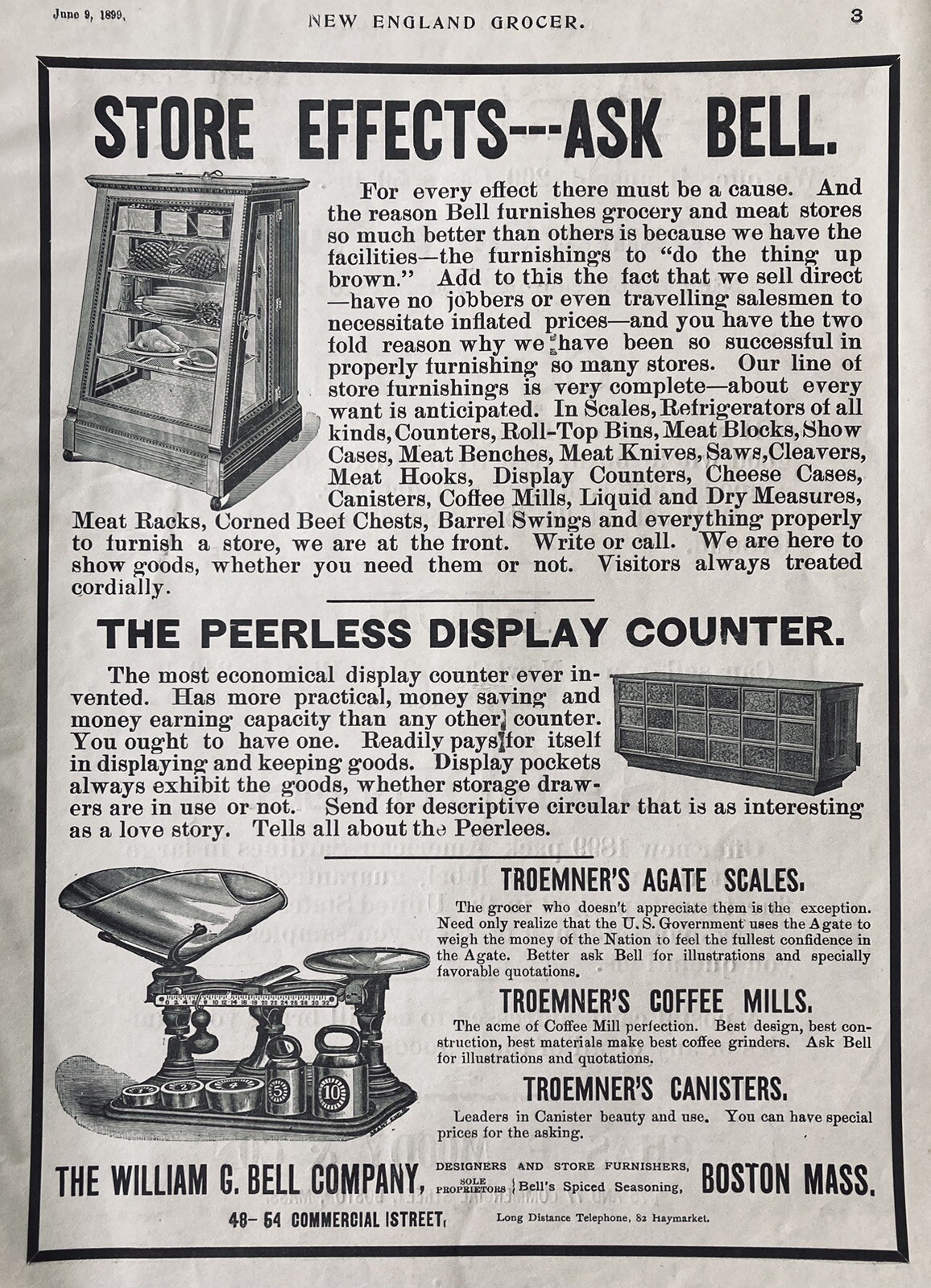 1899 AD.(XH63)~WILLIAM G. BELL CO. BOSTON. GROCERY STORE FIXTURES CABINETS MILLS