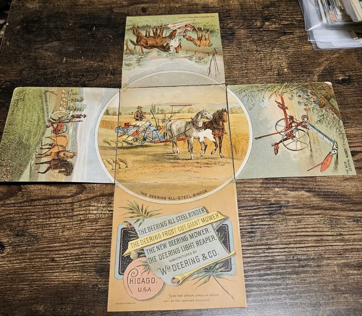1800s Large Fold Out Trade Card Deering & Co Tractor Reaper *as Is*