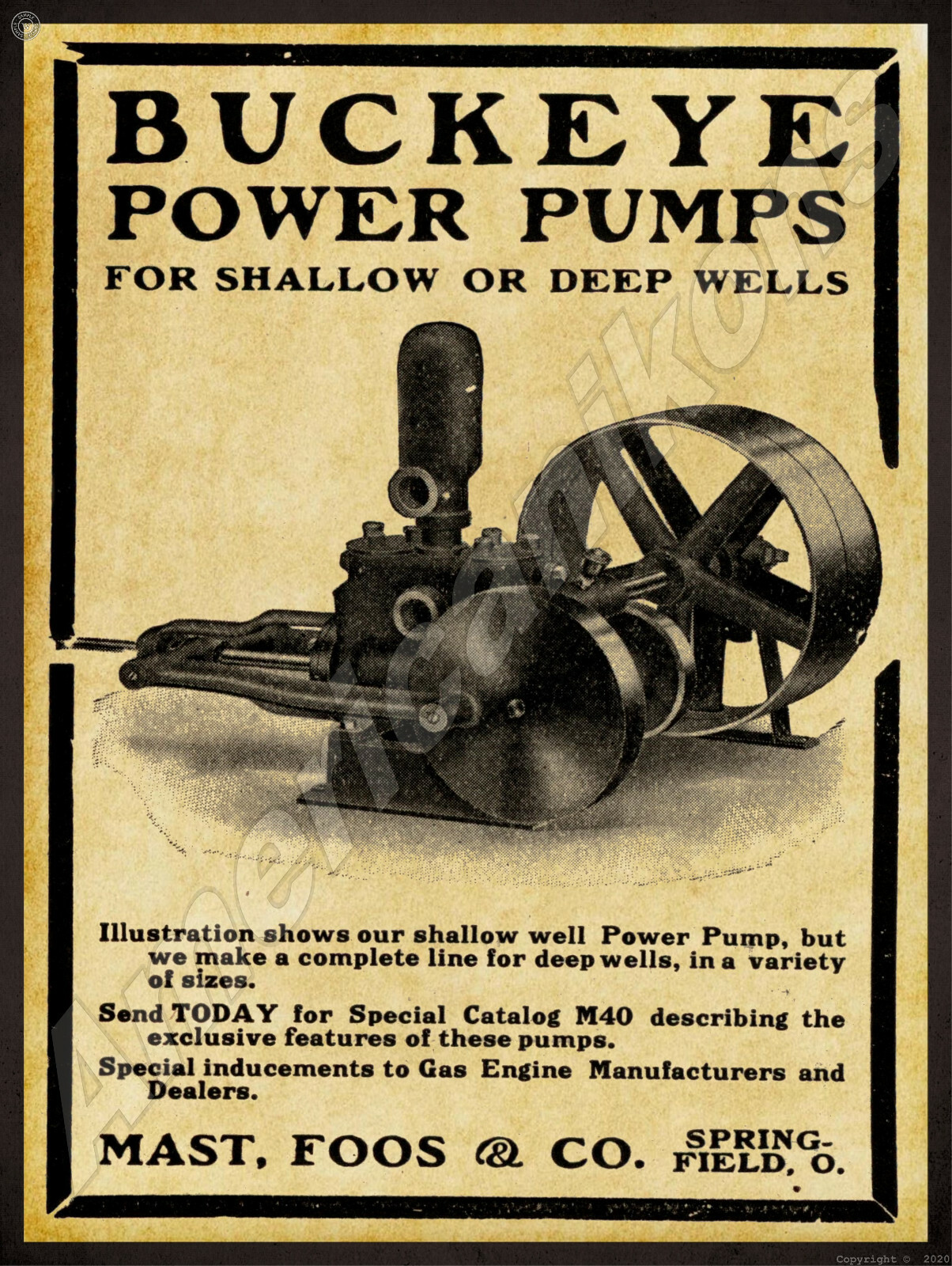 1912 Mast, Foos, & Co. New Metal Sign: Buckeye Power Pumps – Springfield, Ohio