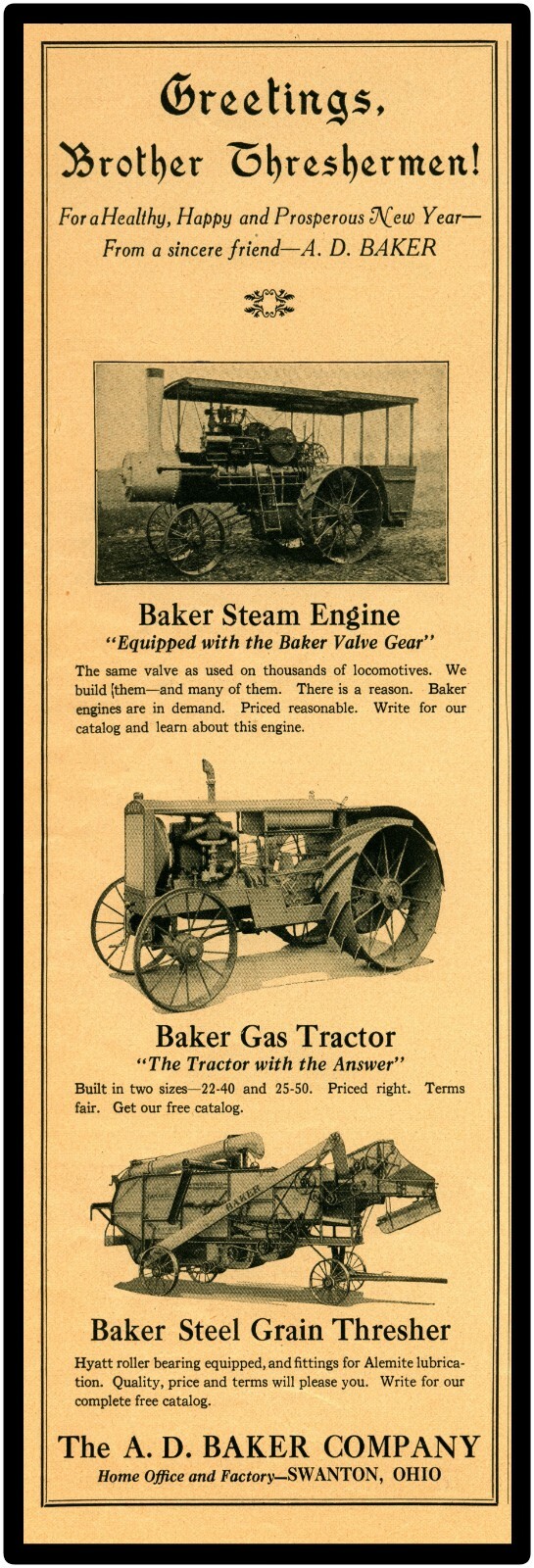 A.D. Baker Tractors, Swanton OhiO Sign, 16″ x 48″ USA STEEL XL Size – 8 lbs