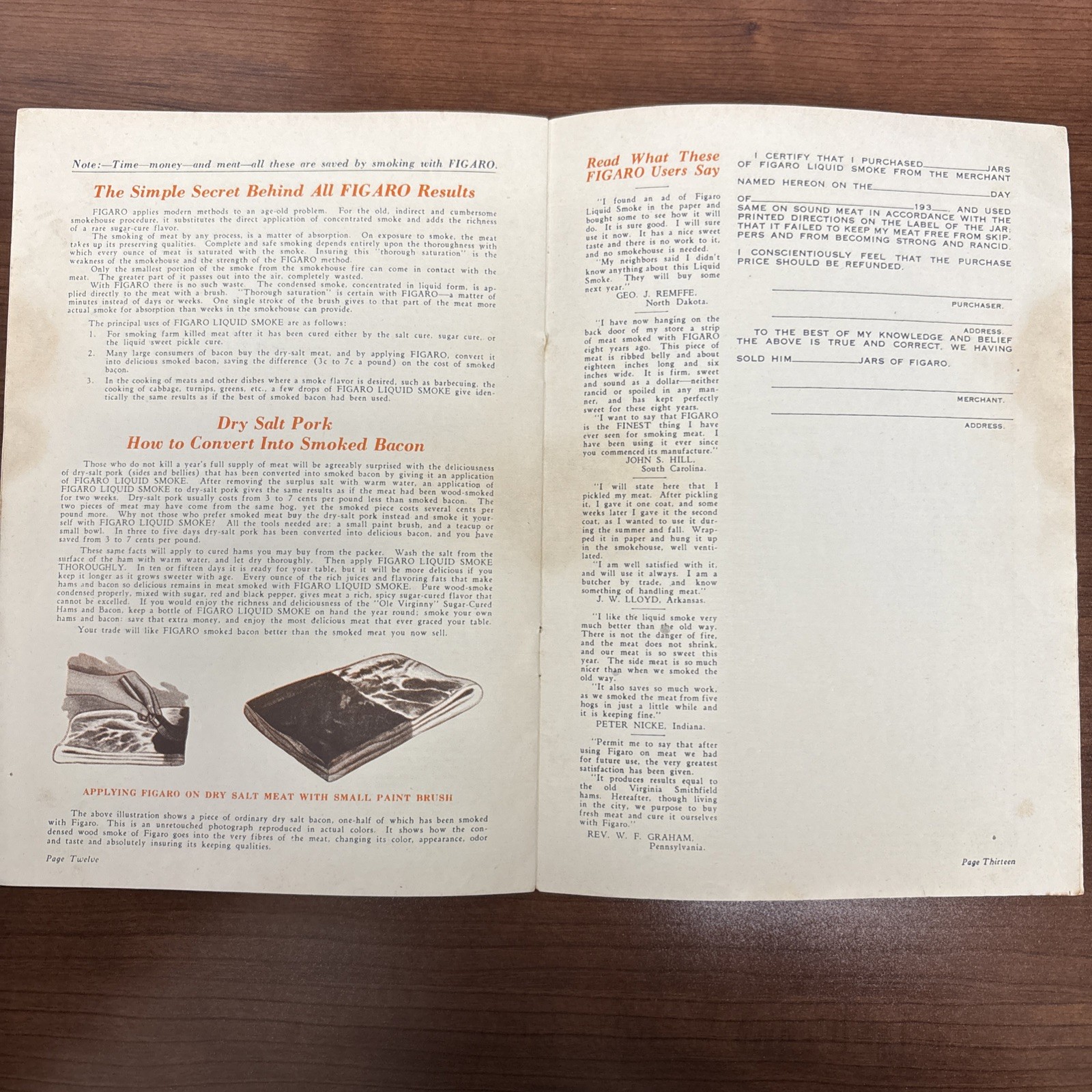 Figaro’s Message Booklet Butchering Pigs Curing Liquid Smoke Dallas TX 1930