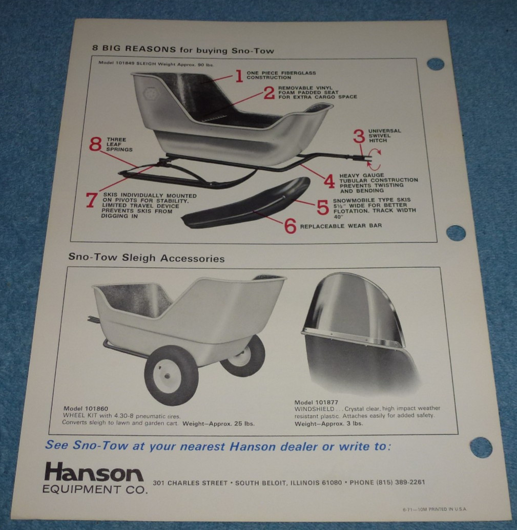 1971 Hanson Equipment Co Sno-Tow Fiberglass Snowmobile Sleds & Sleighs Brochure