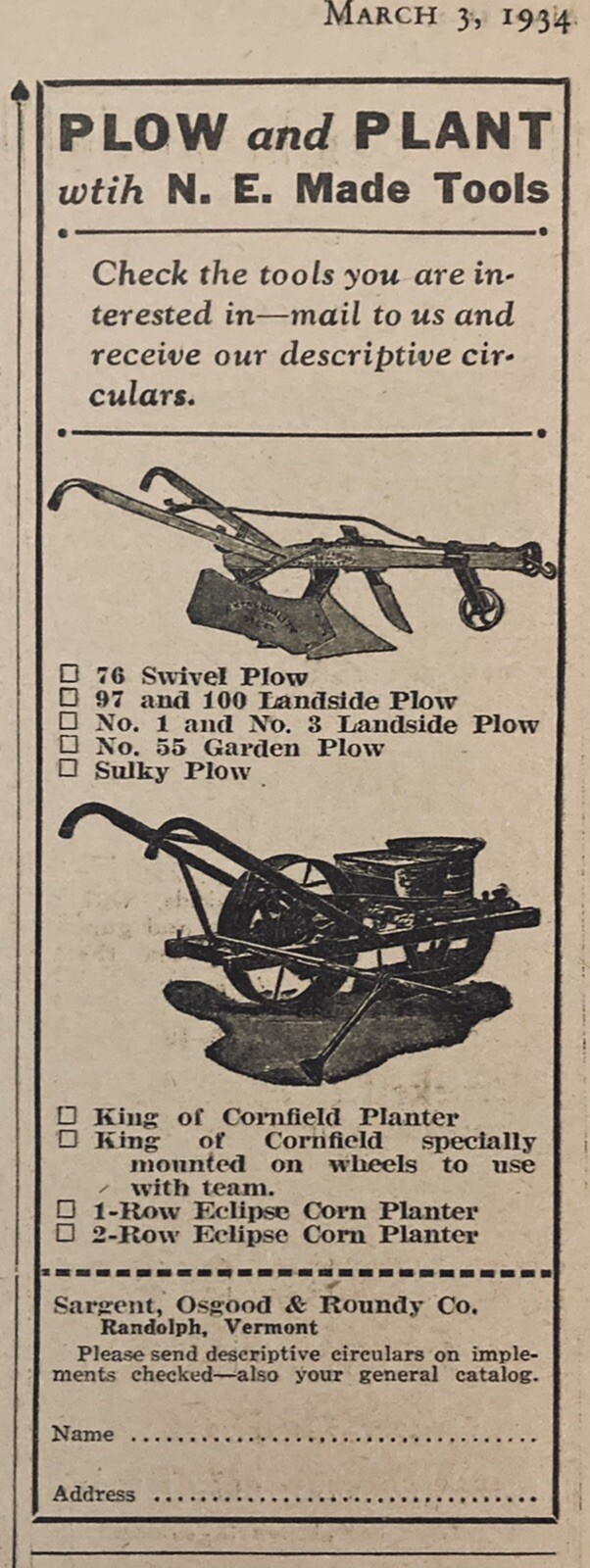 1934 AD.(XH50)~SARGENT, OSGOOD & ROUNDY CO. RANDOLPH, VT. N.E. MADE FARM TOOLS