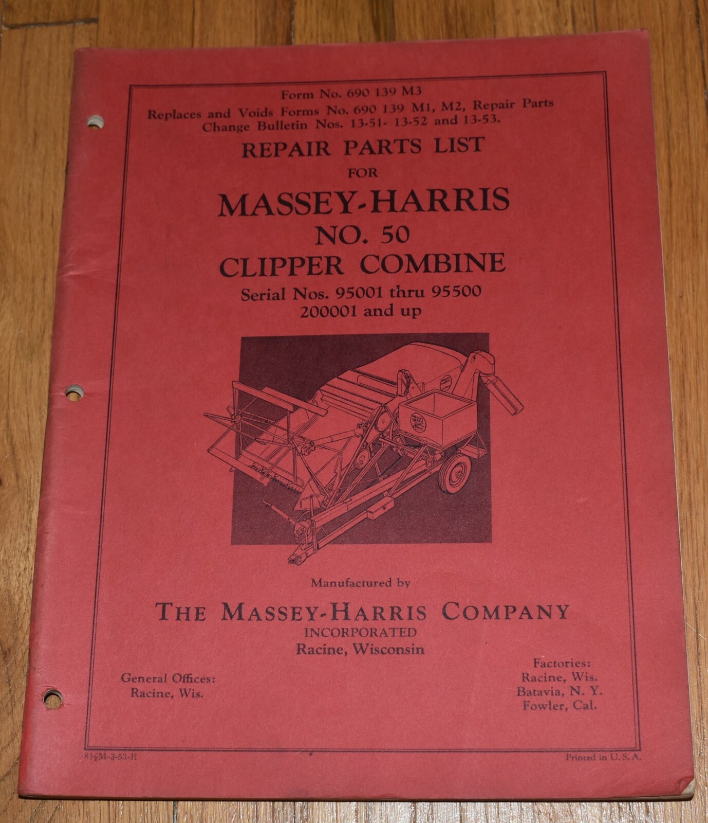 Vintage MASSEY HARRIS No 50 Farm Clipper Combine Parts List