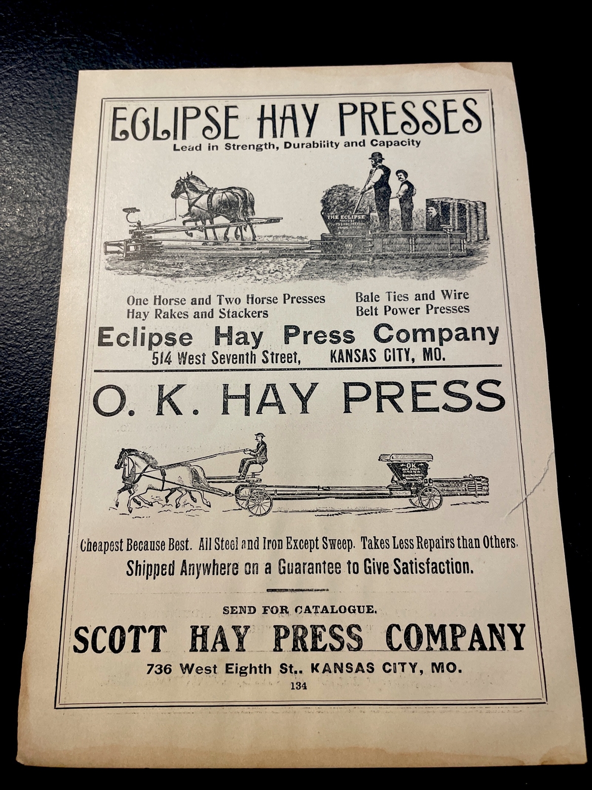 ORIGINAL 1907 Eclipse / Scott Hay Presses Farm Advertising – Kansas City, MO