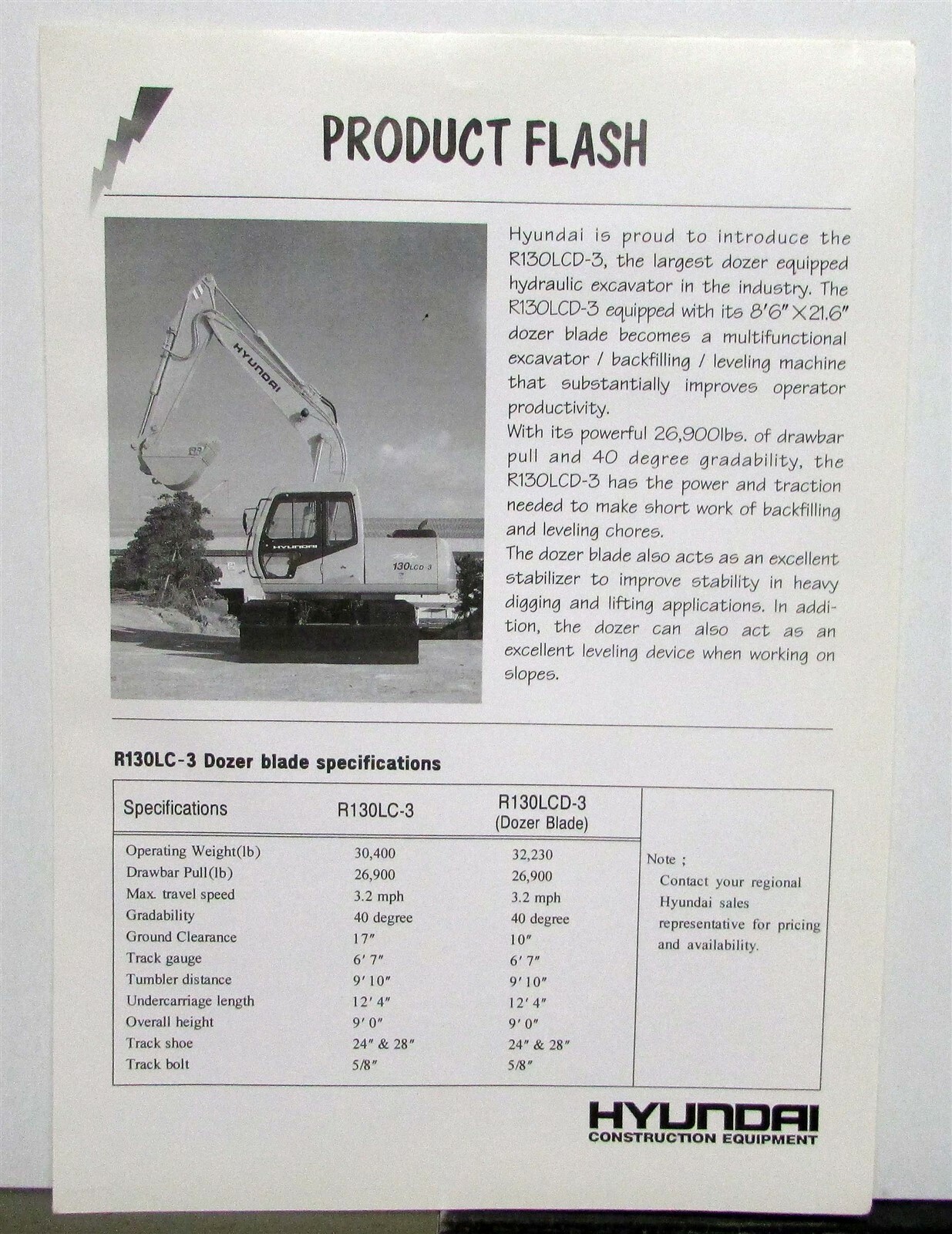 1998 Hyundai R130LCD-3 Dozer Blade Specifications Construction Sales Brochure