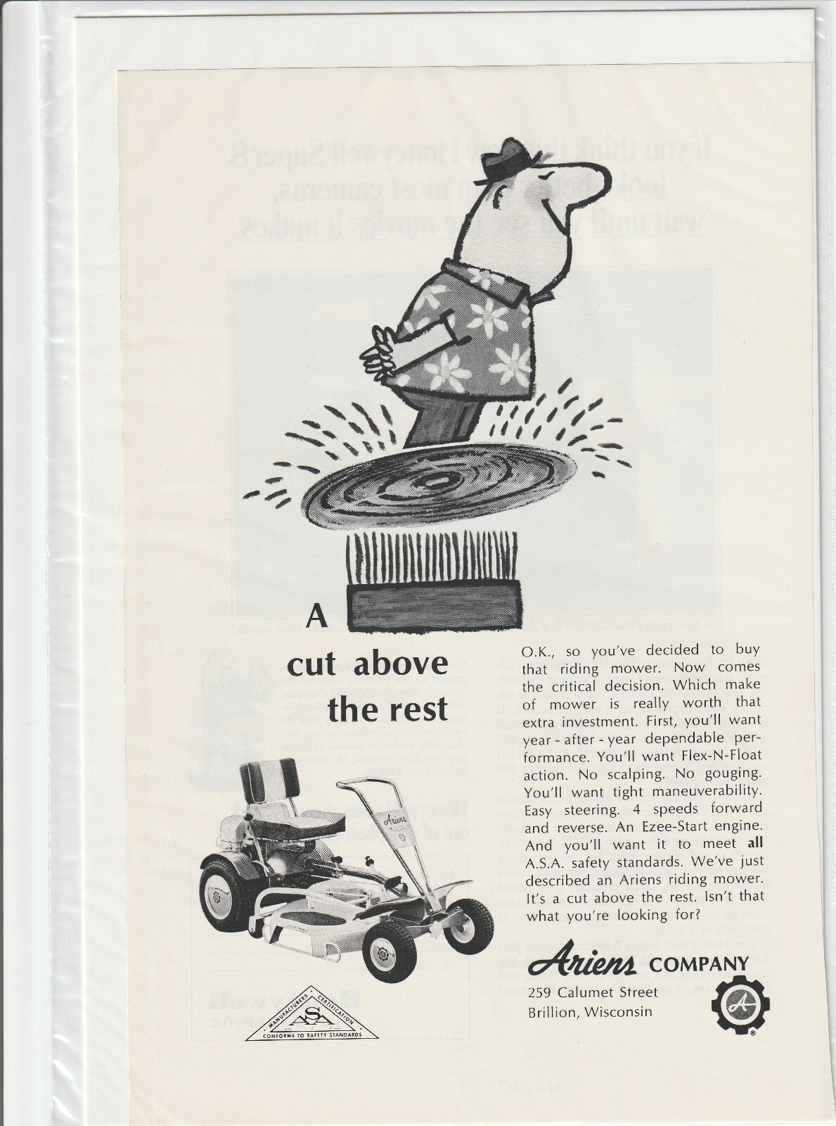 Original 1967 Ariens Lawn Tractor Magazine Ad “A Cut Above the Rest”