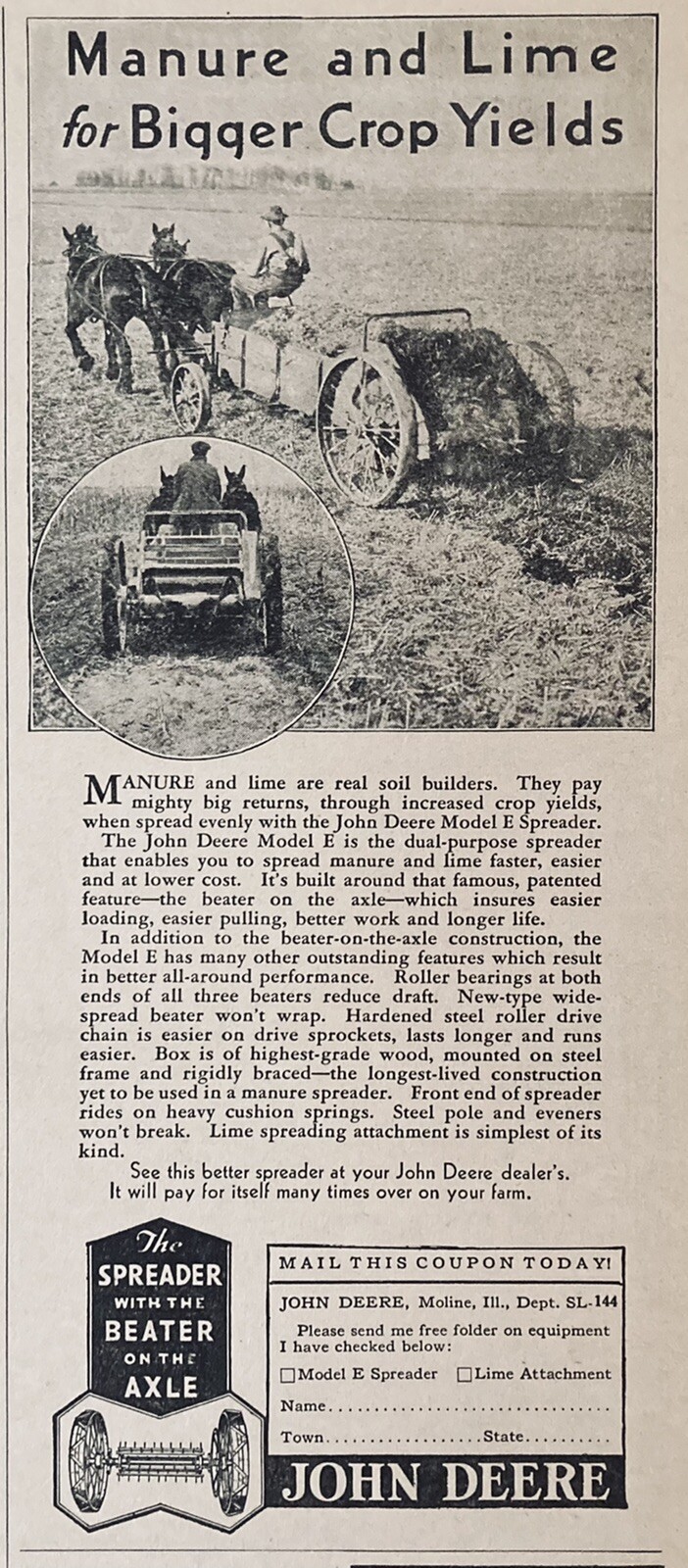 1936 AD.(XH19)~JOHN DEERE CO. MOLINE, ILL. JOHN DEERE MODEL E SPREADER