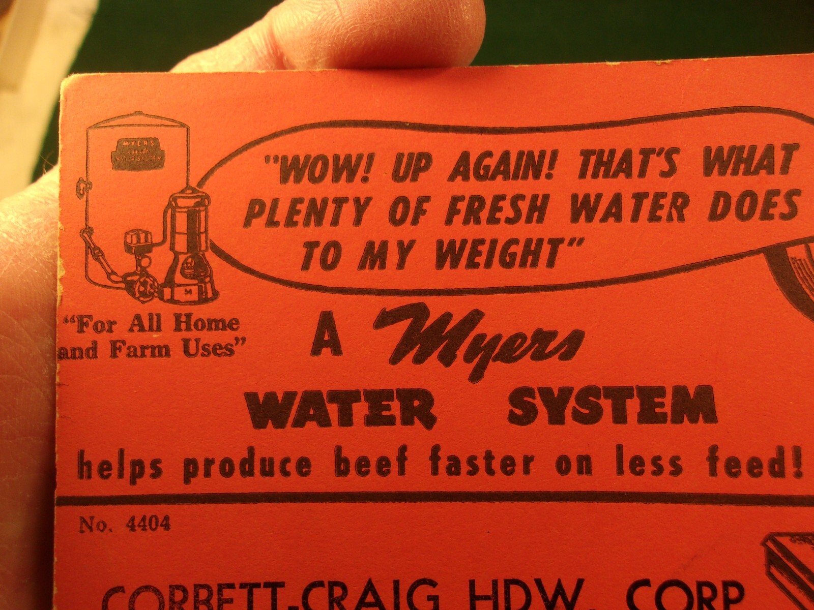 RARE OLD VTG ANTIQUE ADVERTISING CARD: MYERS WATER SYSTEM (PUT WEIGHT ON CATTLE)