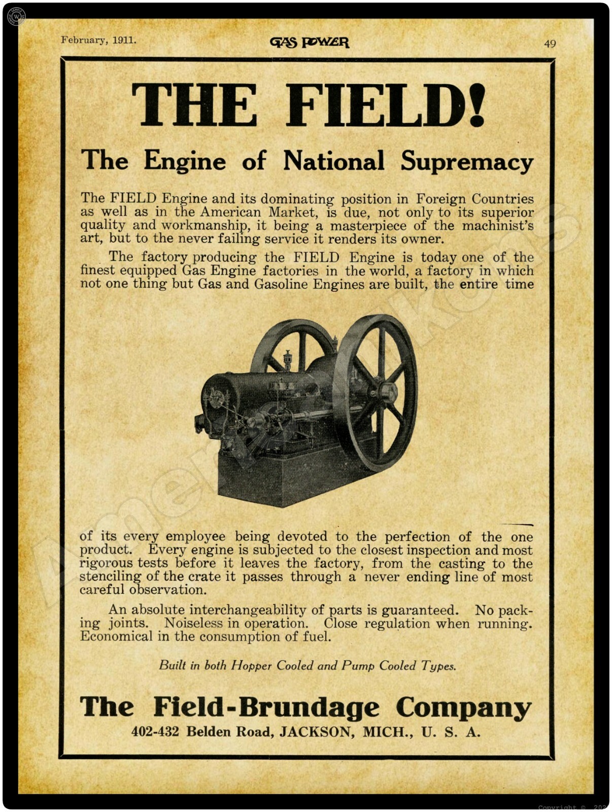 1911 Field Brundage Gas Engines New Metal Sign: Jackson, Michigan