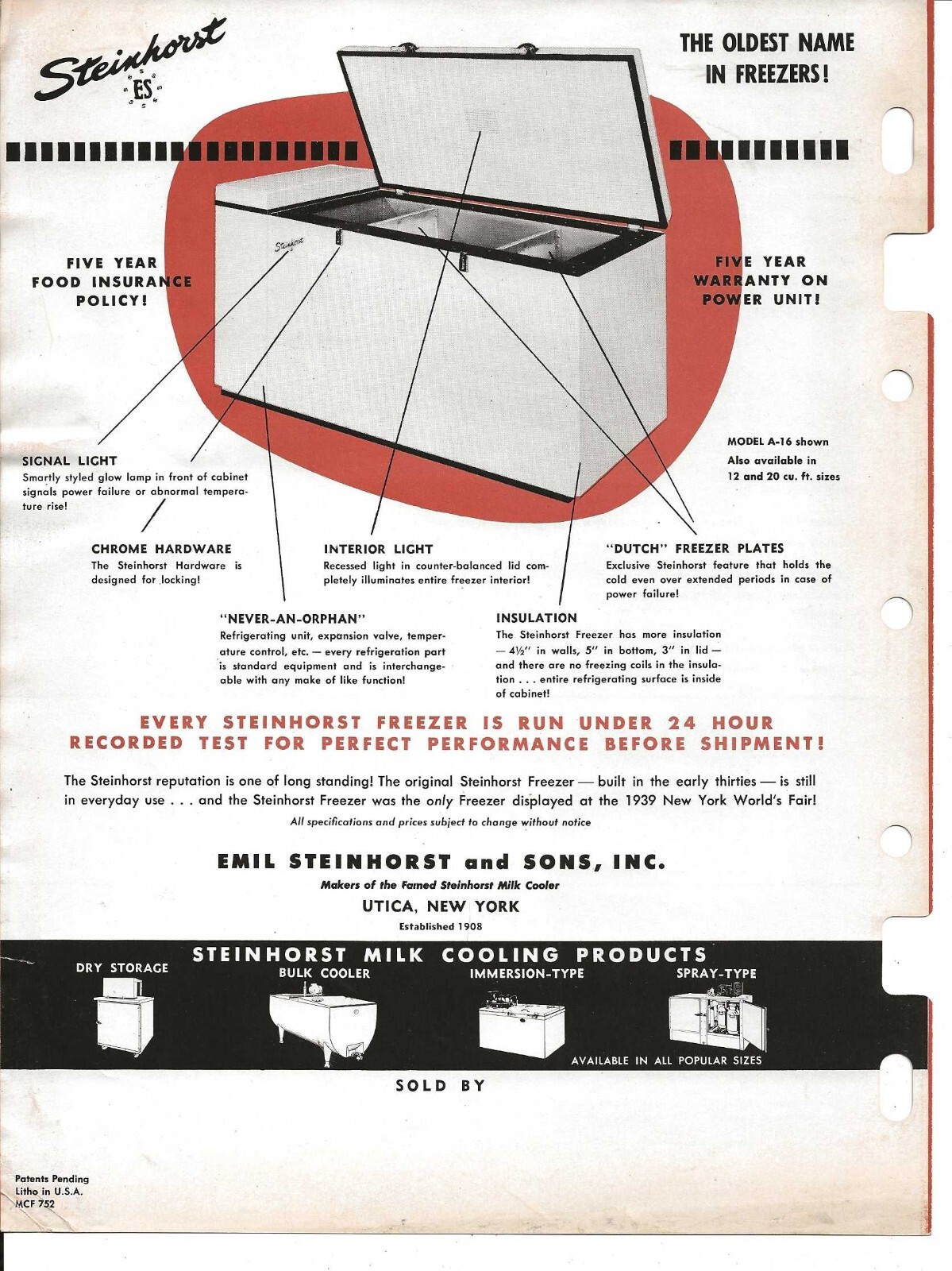 Steinhorst Milk Cooler Freezer Adv Folder~Utica NY circa 1950’s VG