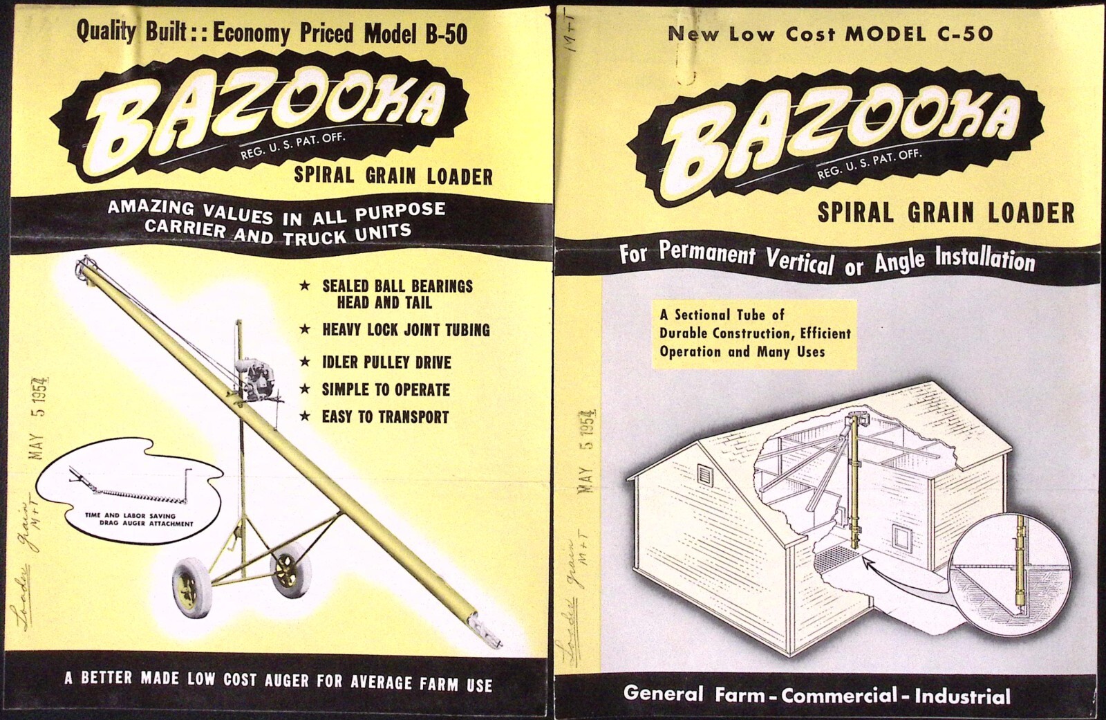 1954 Bazooka Spiral Grain Loader Model B-50 Brochure Wyatt Mfg Co Salina KS