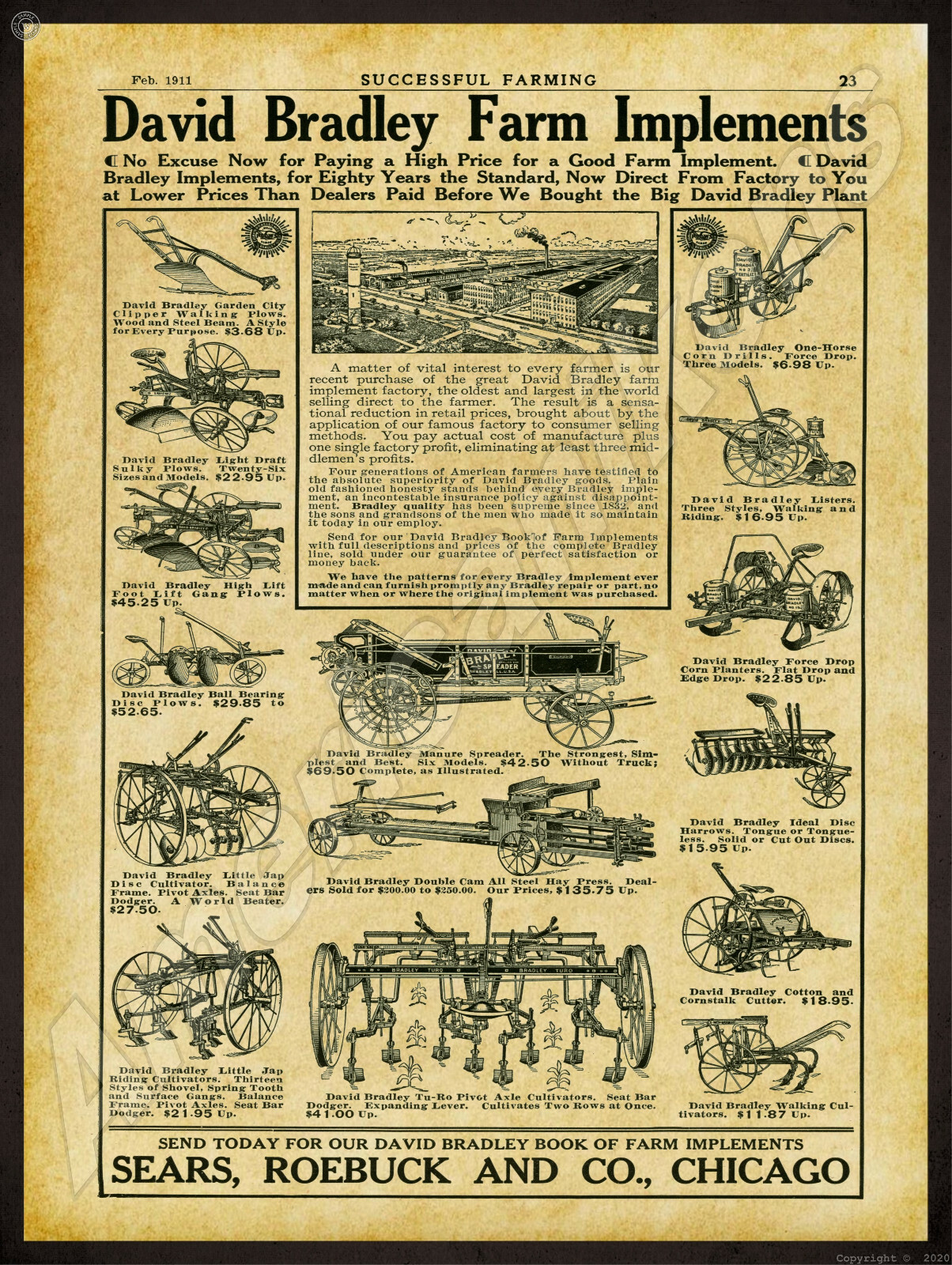1911 David Bradley Farm Implements New Metal Sign: All Models & Prices Pictured