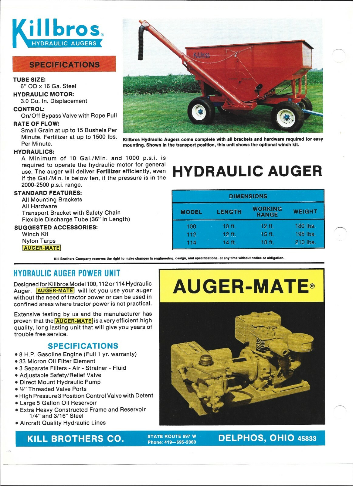 Original Killbros 100 112 114 Hydraulic Auger Sales Brochure Spec Sheet # 050189