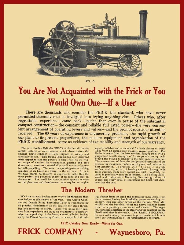 1912 Frick Steam Traction Engine, Waynesboro NEW Sign: 24×30″ USA STEEL XL Size