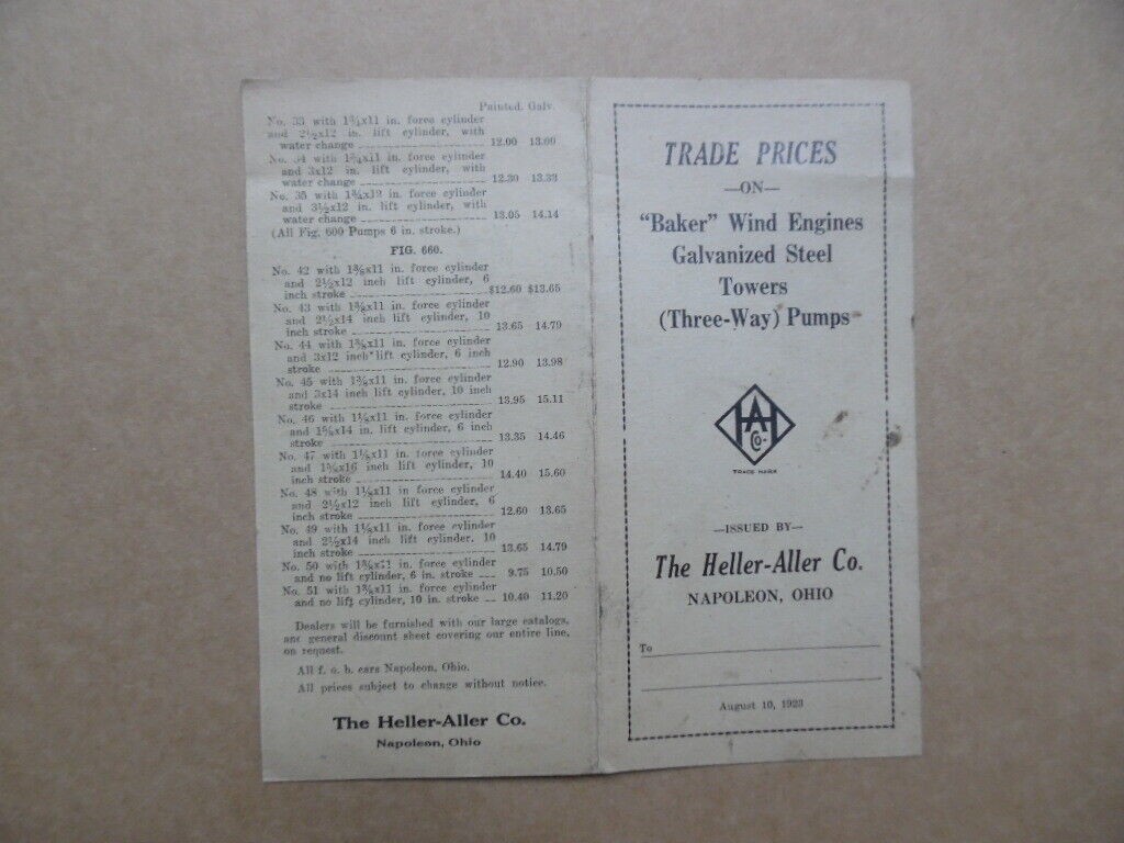 1923 Heller Aller Co. Windmill Wind Engine Equipment Catalog Price List Vintage