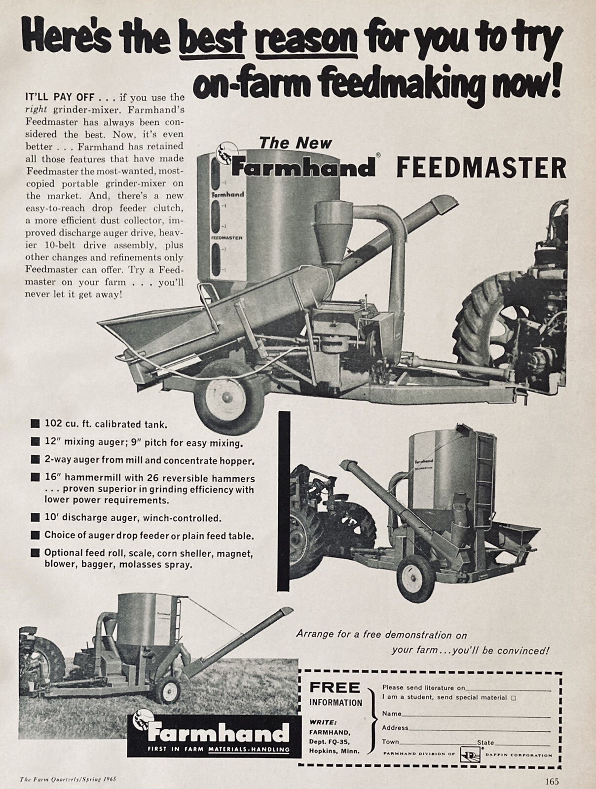 1965 AD.(XH27)~DAFFIN CO. FARMHAND DIV. HOPKINS, MINN. NEW FARMHAND FEEDMASTER