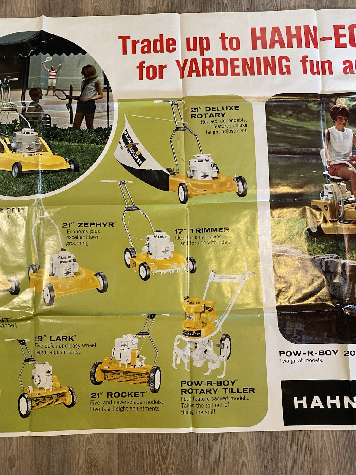 RARE 1960s Vintage Hahn Eclipse Yard Equipment Advertising Sign Poster 58″ x 41″