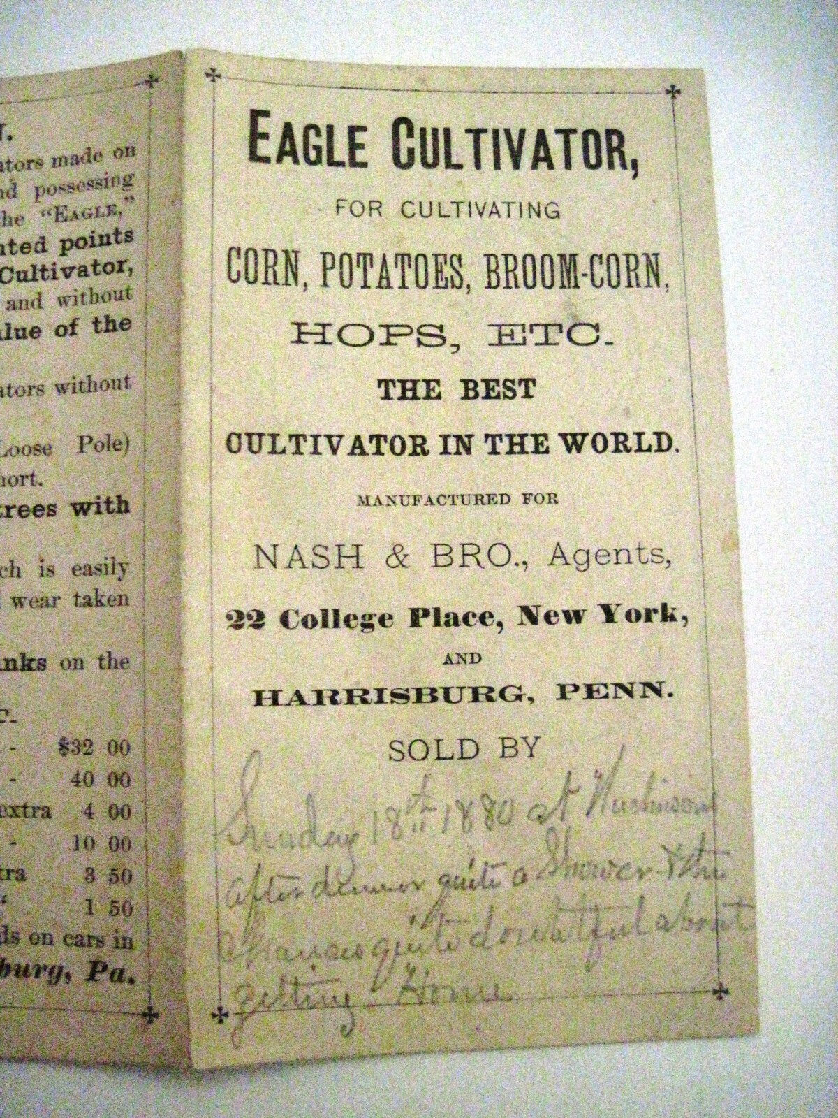 1880 Pull-Out Advertising Brochure for “Eagle Cultivator” w/ Great Pictures *