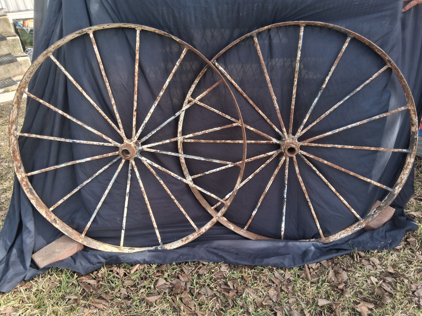 Antique 40in Solid Wrought Iron Wagon Wheels Perfectly Weathered