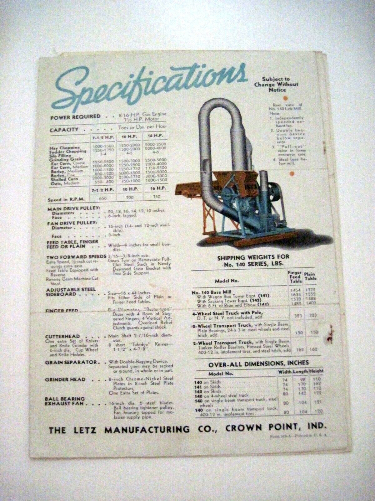 1939 Catalog “Letz” Farm Equipment w/ (4) Pamphlets – Describes Cows Stomach *