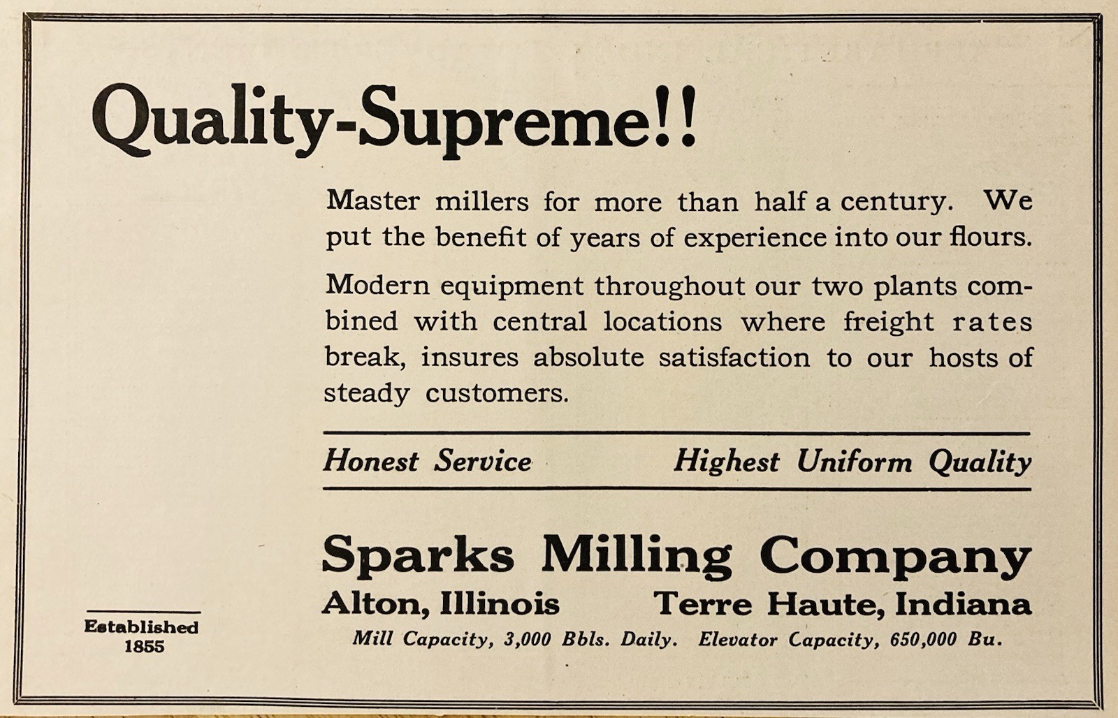 1919 AD.(PC9)~SPARKS MILLING CO. ALTON, ILL. TERRE HAUTE, IND. QUALITY FLOUR
