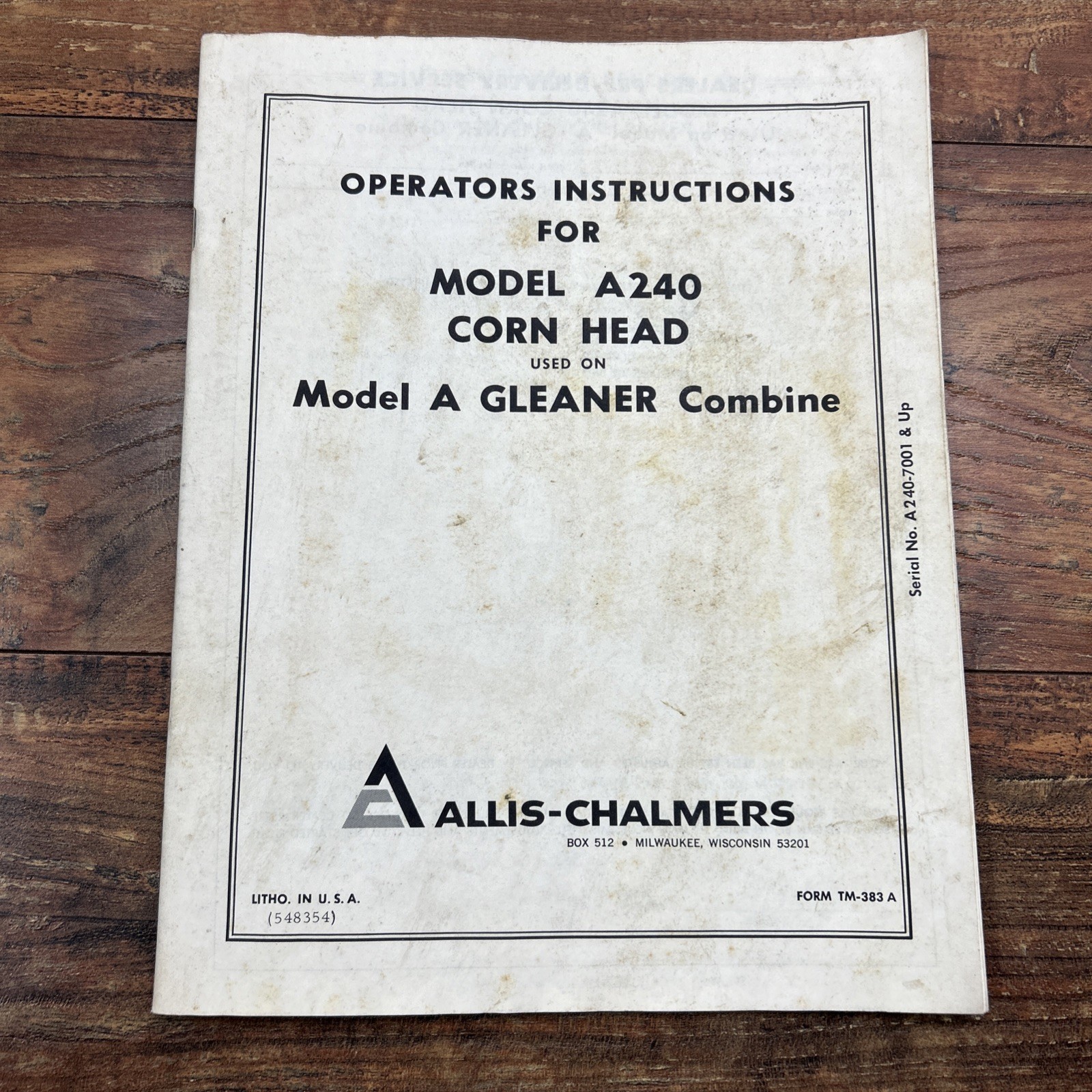 Allis Chalmers A240 Corn Head Operators Manual Gleaner A Combine Instruction
