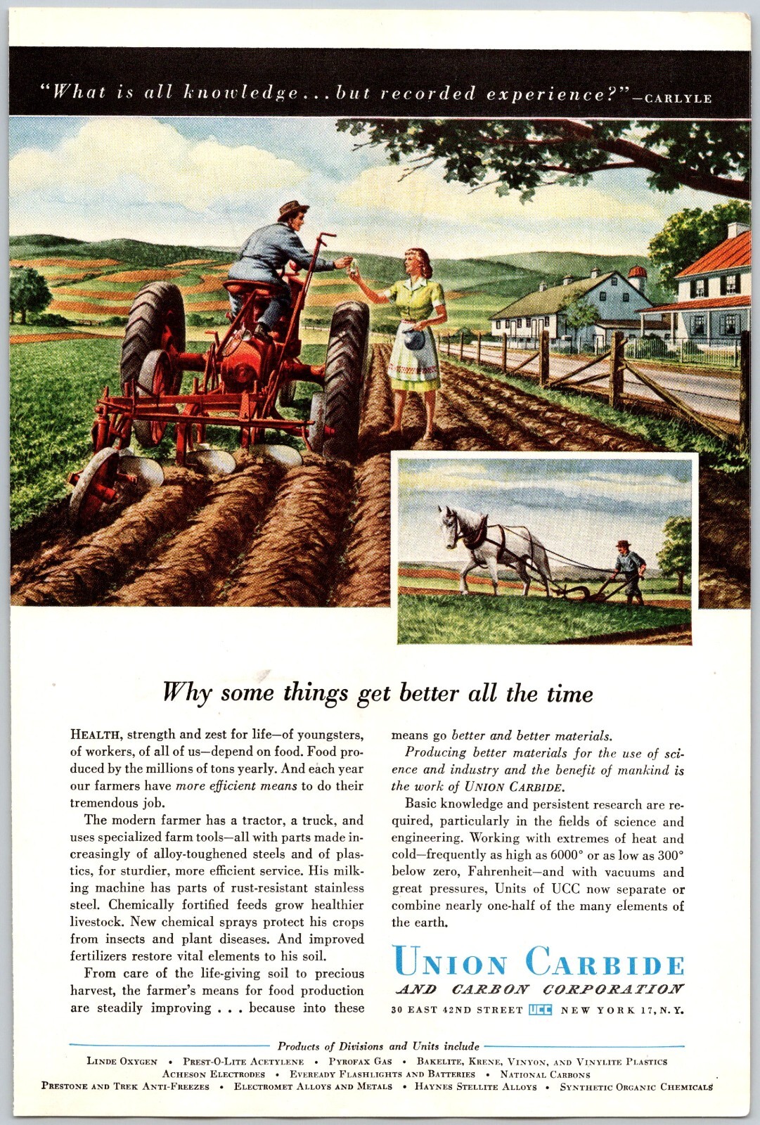 PRINT AD 1947 Union Carbide and Carbon Corp Modern Farmer 6.75″ x 10″